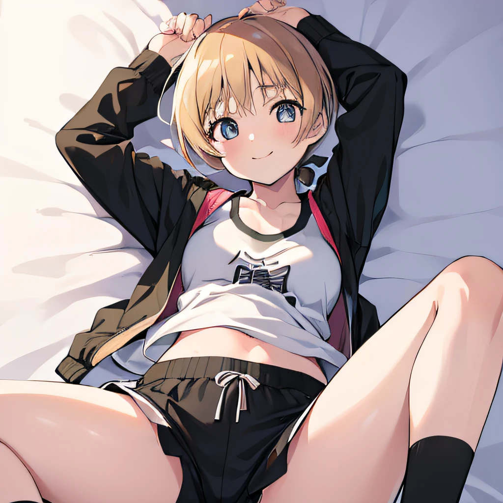 ((masutepiece)), ((Best Quality)), (Ultra-detailed), Anime style, on the bed, Cute ****** girl s, 1girl in, Solo, Gym Shorts 00, ((Beautiful eyes))0, Smile