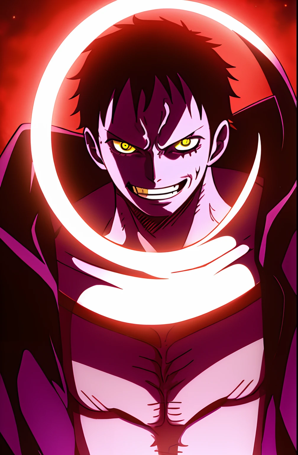 1boy, Beastlt, solo, upper body, ((masterpiece)), (best quality), (extremely detailed), depth of field, sketch, dark intense shadows, sharp focus, soft lighting, hdr, slightly colorful, good composition, wanostyle ,Purple Spikey Hairs , Mad Laugh , Yellow eyes , Has a little scar under the eye , Dark Pancho/Coat on the shoulders , Any Color shirts , Danger aura , Blood Moon background , Eclipse , Hold a devil fruit , Yonkou , one piece , one piece manga