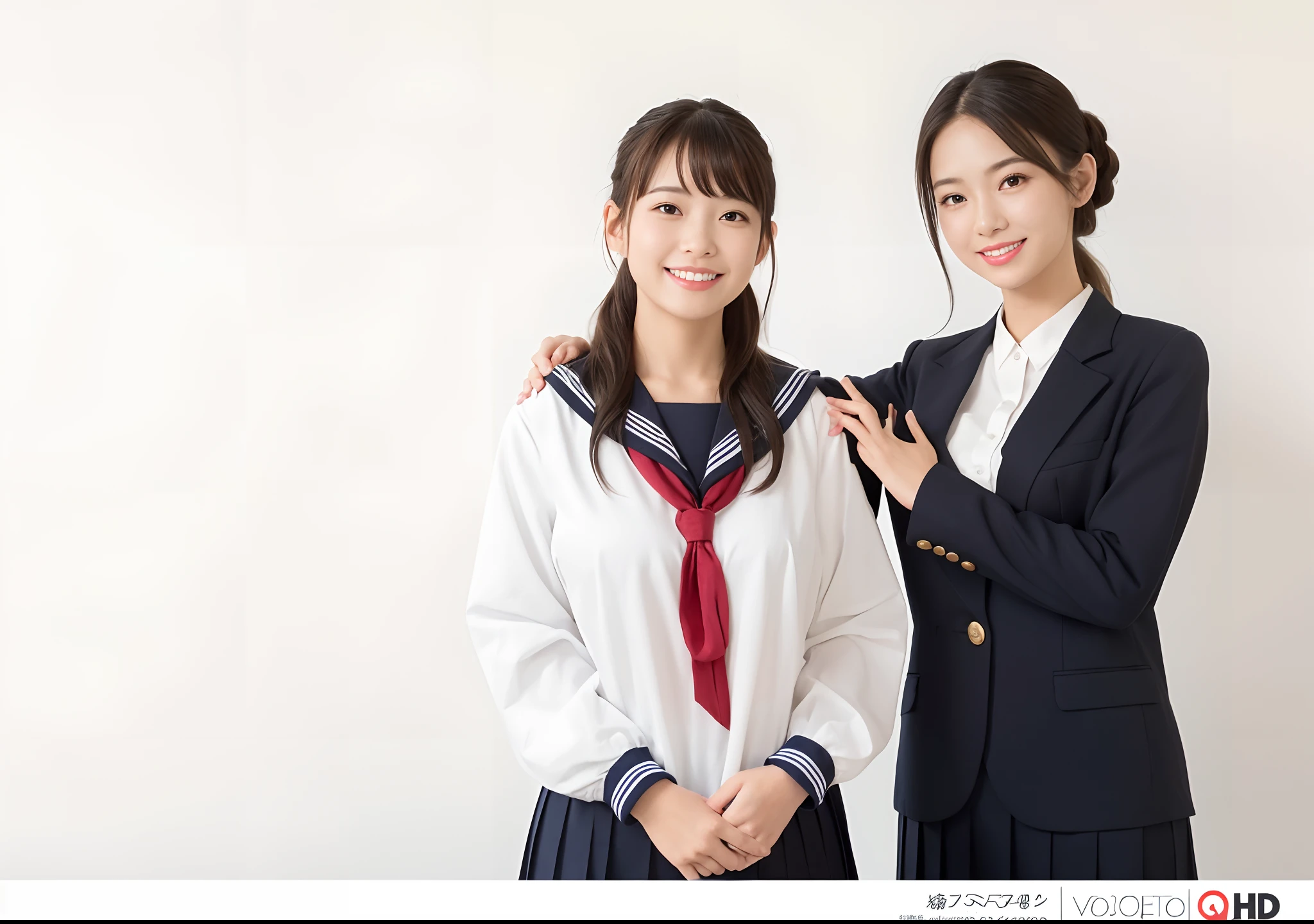 (Japan Beauty,Beautie,The face of Japan's cutest idol,Mother and daughter,The biggest smile looking at the camera,Big smile,Mother with wrinkles)),(length hair,Wavy Hair, large full breasts,Emphasis on the chest,Breast bulge,huge tit),(8K、hightquality、best qualtiy,tmasterpiece,hight resolution,At 8K,Ulutra HD,softlighting,hightquality, hight resolution)Two Asian women in uniform posing for photo shoot, wearing japanese school uniform, two japanese schoolgirls posing, Wearing a school uniform, Wearing school uniform, Japan school uniform, zora々Shishi Japan of Girls, japanese high school, japanese girl school uniform, marketing photo, stock photograph, Stock Photo, shutterstock, girl wearing school uniform, stock photograph, High-quality stock images