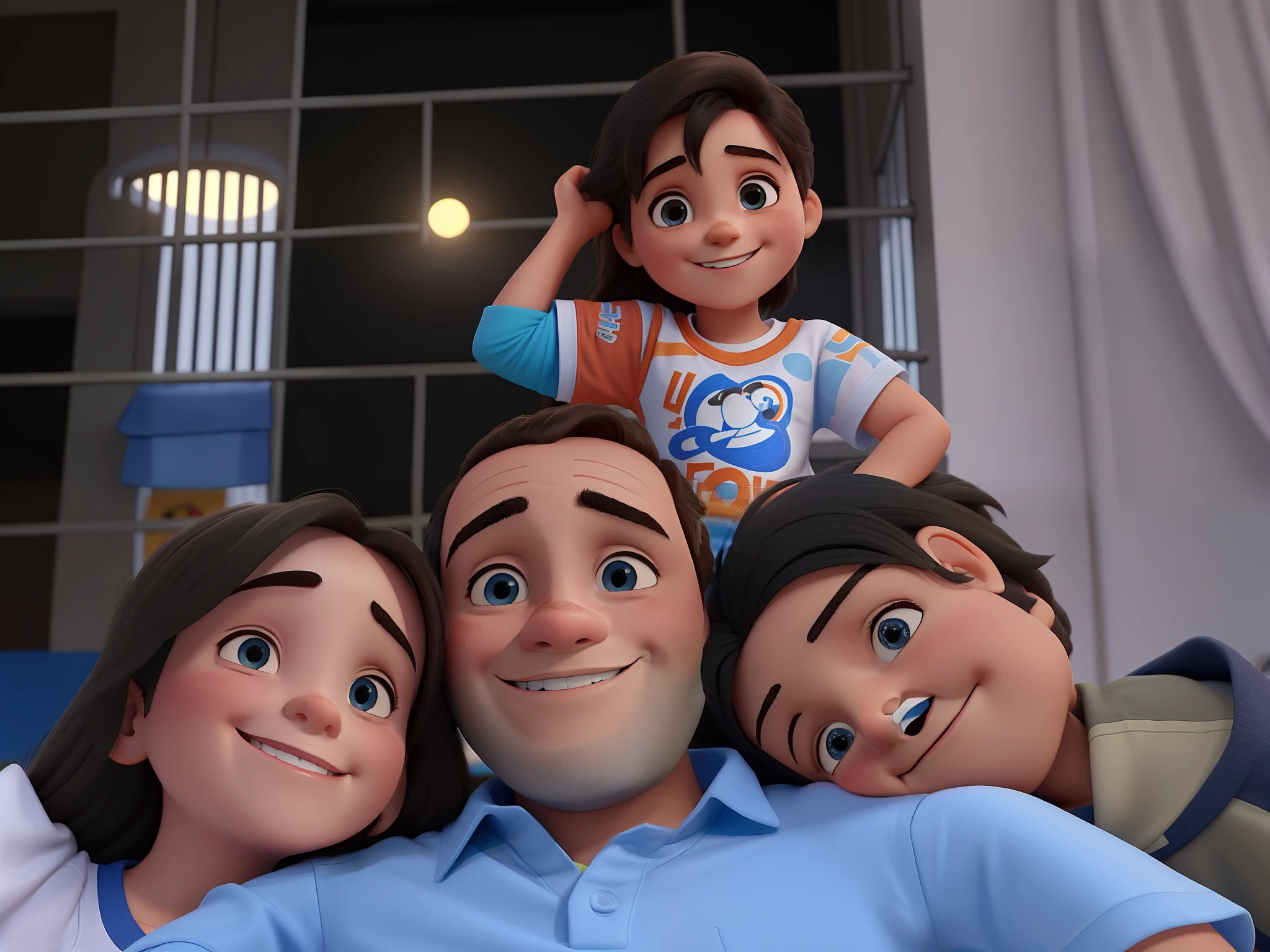Um homem branco de oculo e camisa azul,uma mulher loira,uma menina sorrindo e um menino de camiseta laranjada