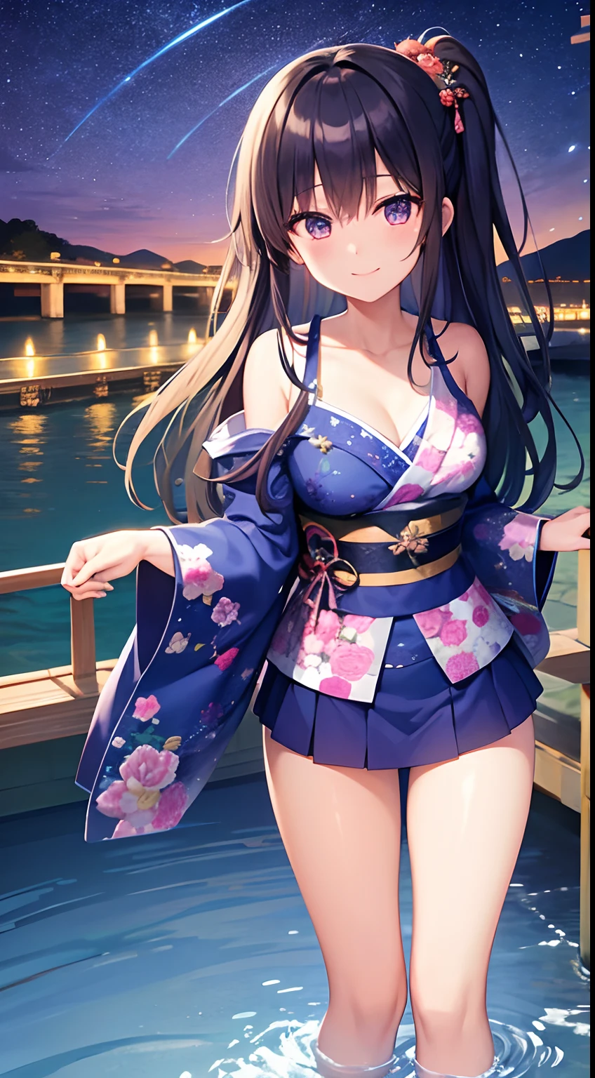 Tokisaki Kurumi wearing a blue kimono standing above a river's bridge while smiling during a starry night