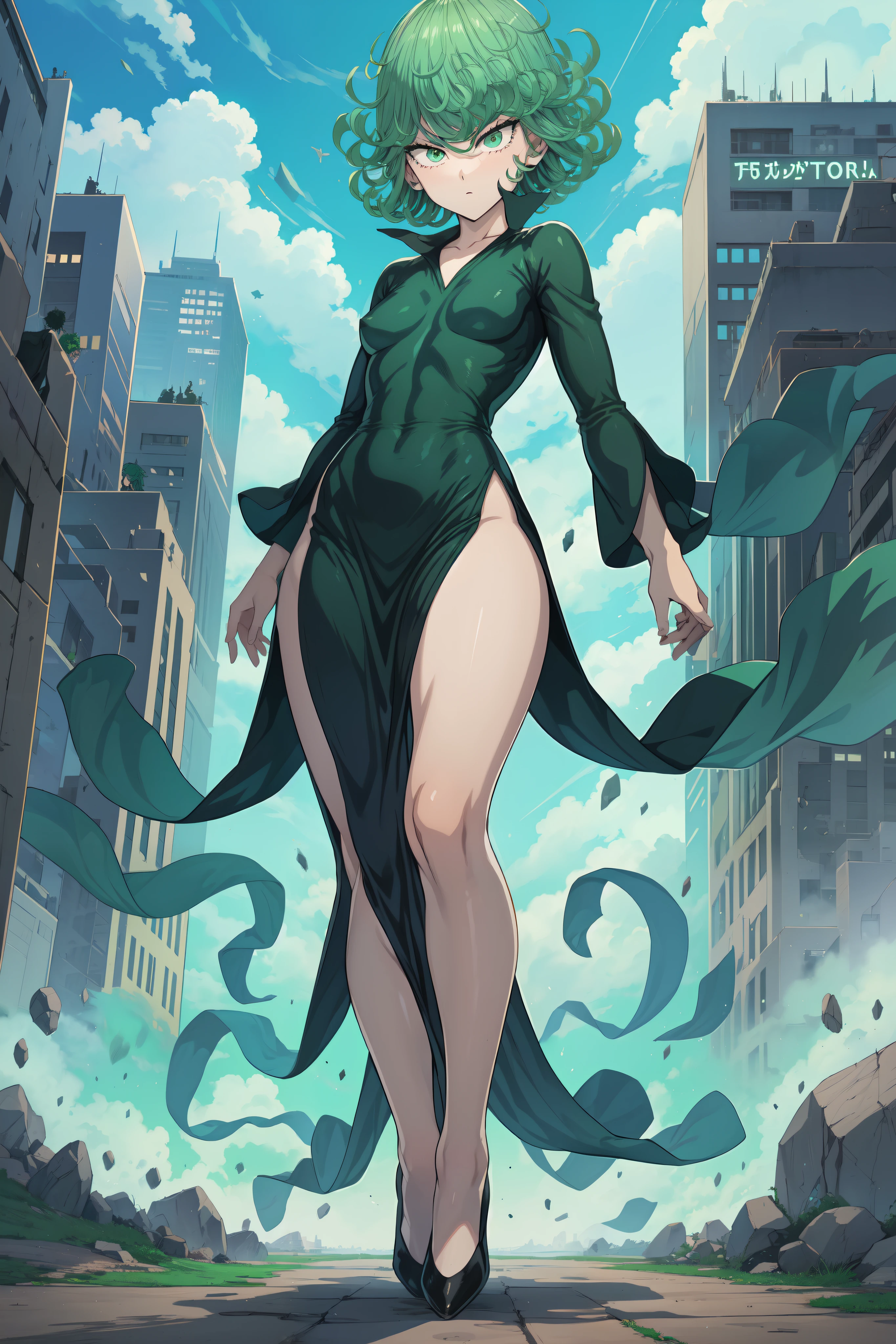 《one-punch man》In the Tatsumaki, Short green hair, Green eyes, Small breast, Full body view, Wearing a fitted V-neck black long-sleeved dress,Four high slit legs, Smiling, Stand in the middle of a ruined city, Dynamic pose, dynamic view, both hands on hip,