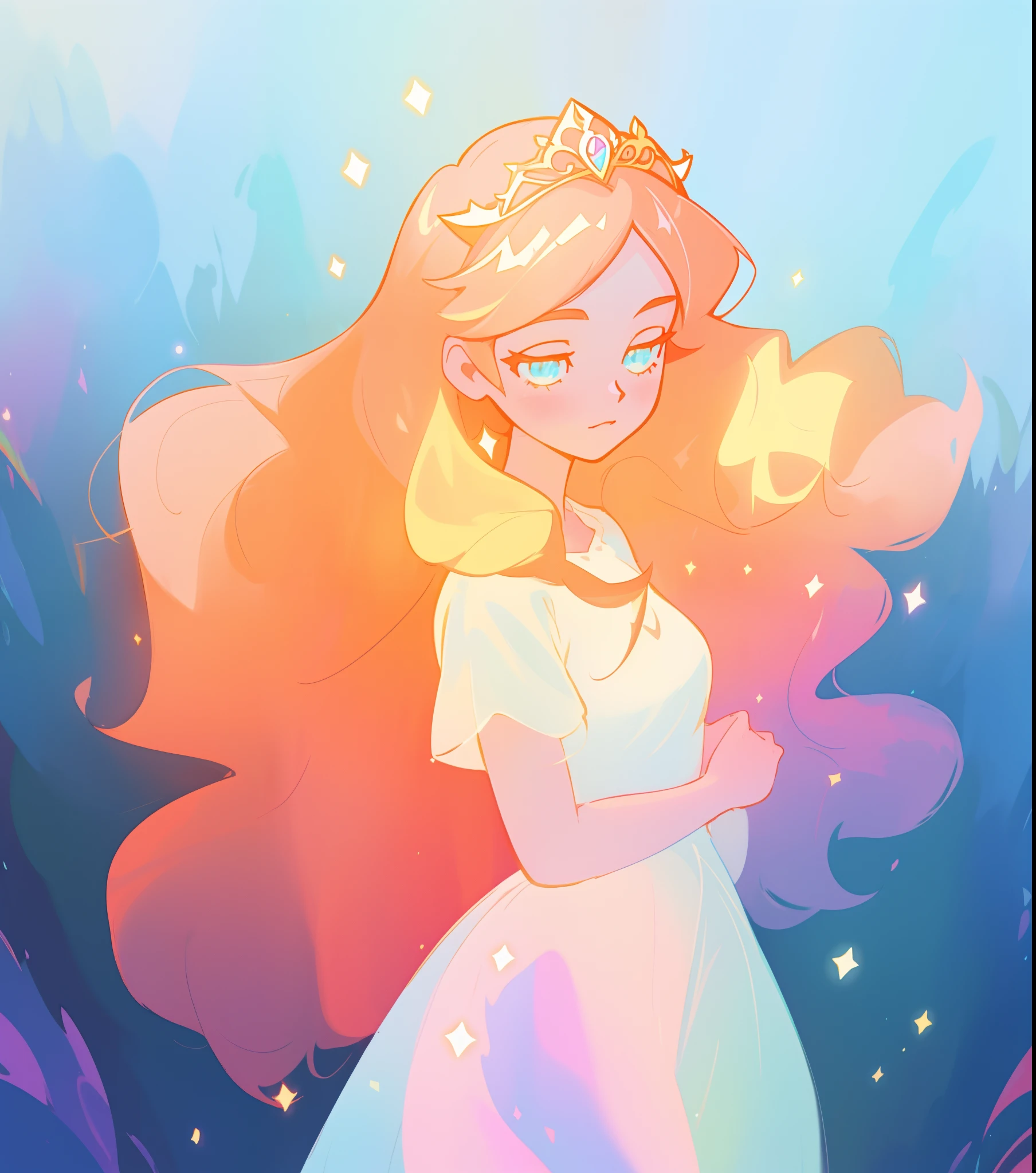 beautiful anime girl in white princess ballgown, delicate white tiara, vibrant pastel colors, (colorful), magical lights, red and gold long wavy hair, sparkling lines of light, inspired by Glen Keane, inspired by Lois van Baarle, disney art style, by Lois van Baarle, glowing aura around her, by Glen Keane, jen bartel, glowing lights! digital painting, flowing glowing hair, glowing flowing hair, beautiful digital illustration, fantasia background, whimsical, magical, fantasy, beautiful face, ((masterpiece, best quality)), intricate details, highly detailed, sharp focus, 8k resolution, sparkling detailed eyes, liquid watercolor