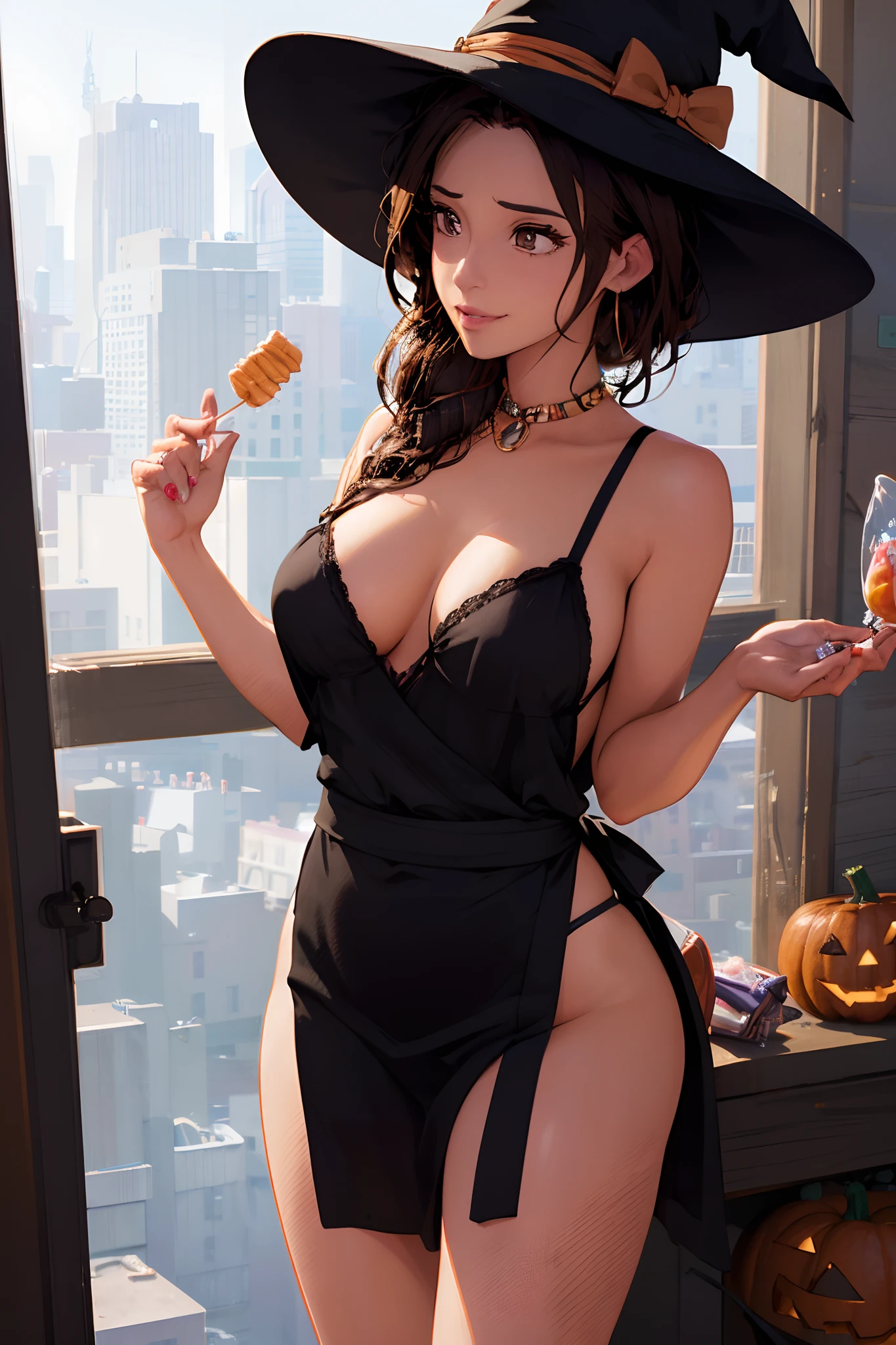 Rio Morales lingerie with hat, at door on halloween night, new york city night, holding candy, halloween night, naked under apron, sexy, MILF, sexy, nsfw, halloween, witch hat, milf, seductive, sexy, busty