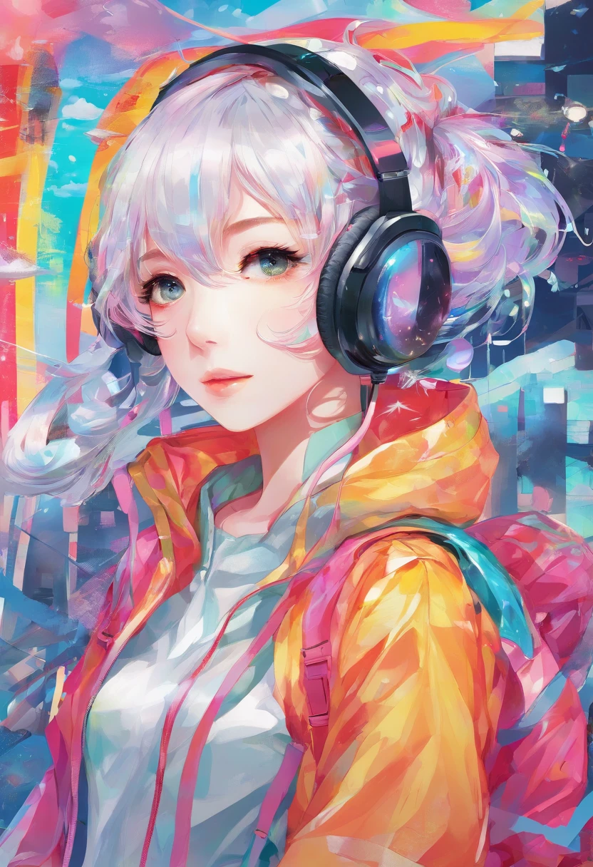 pixiv, hyper detailed, harajuku fasion, futuristic fashion, anime girl, headphone, colorful reflective fabric inner, transparent PVC jacket, backpack --ar 2:3