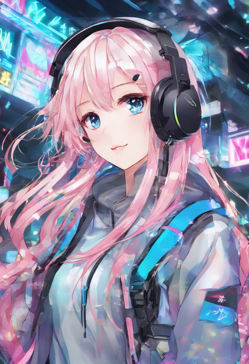 pixiv, hyper detailed, harajuku fasion, futuristic fashion, anime girl, headphone, colorful reflective fabric inner, transparent PVC jacket, backpack --ar 2:3