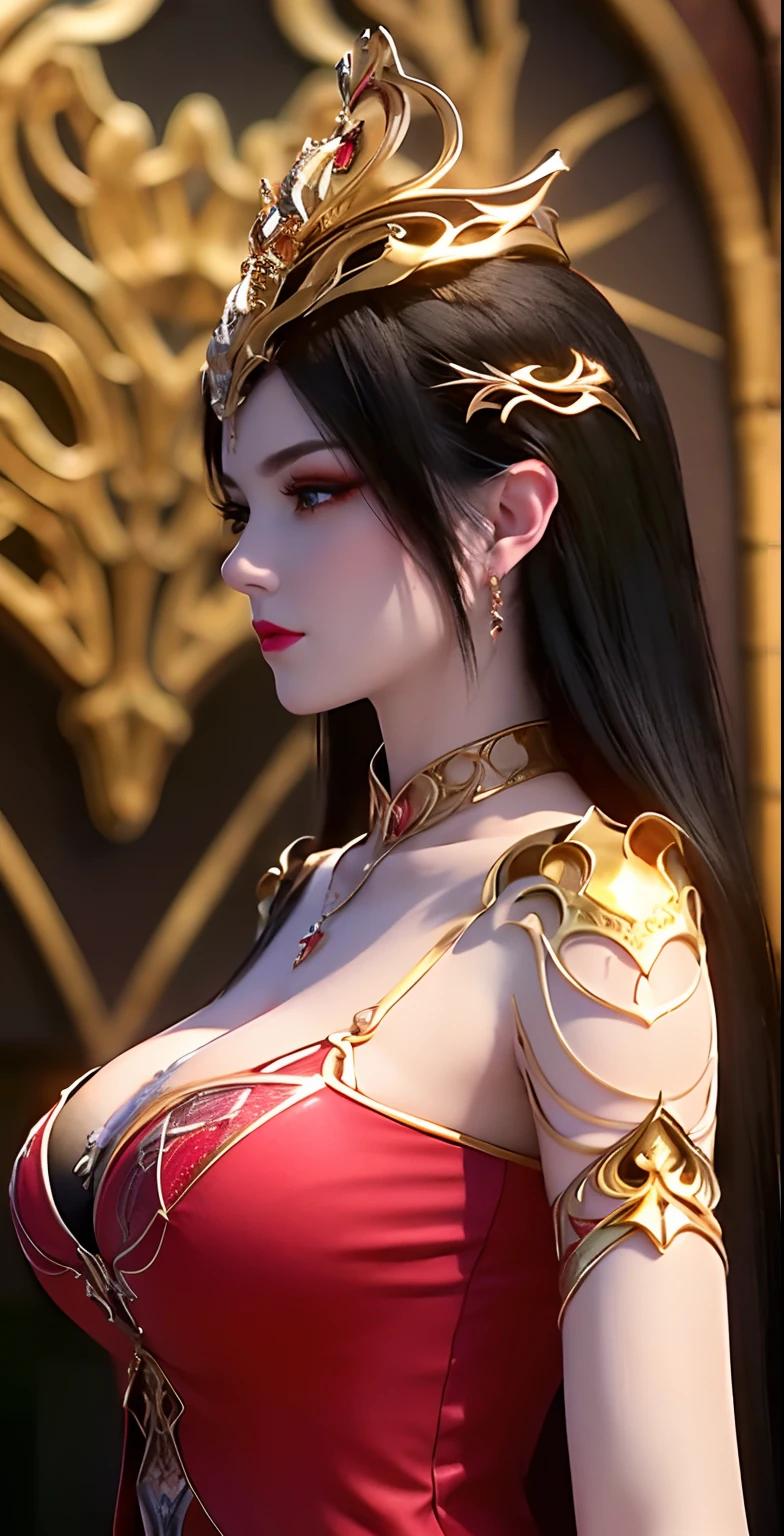 "An extremely beautiful queen,(best quality,4k,highres,masterpiece:1.2),ultra-detailed,(realistic,photorealistic,photo-realistic:1.37),beautiful queen,royal costume,sparkling crown,colorful gemstones,golden scepter,elegant pose,garden background,soft lighting,vibrant colors,delicate facial features,long flowing hair,big and round breasts,black eye pupils,The big, round platinum eyes are beautiful and super detailed,red and detailed makeup eyebrows,mouth closed tightly,dreamy atmosphere,the most perfect body,ethereal beauty,proud expression,clasped the queen's hands behind her back,strikingly graceful,lovely and charming,attention to detail,regal and majestic,fairytale-like ambiance,1 girl, 1 alone,full body", looking at viewer