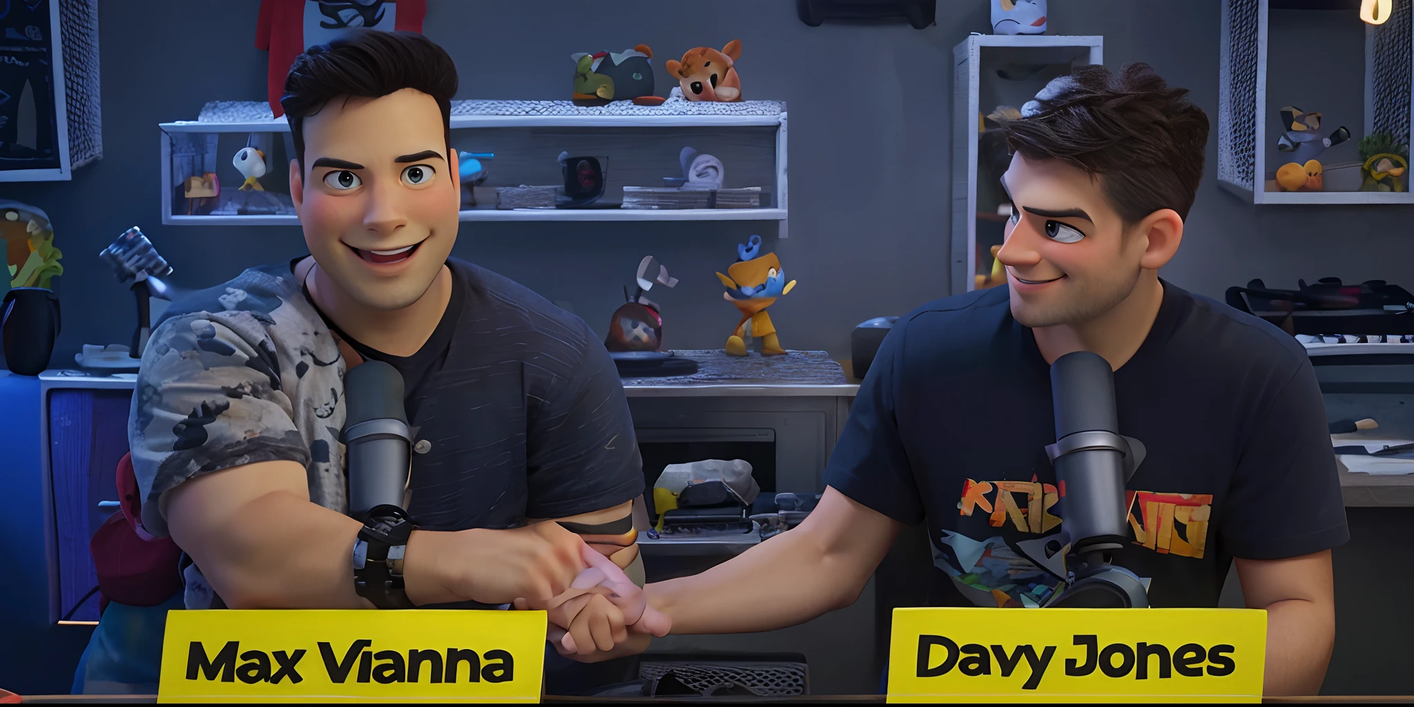 Disney Pixar style poster, 2 Men in their 30s, smiling, Disney Pixar cartoon style