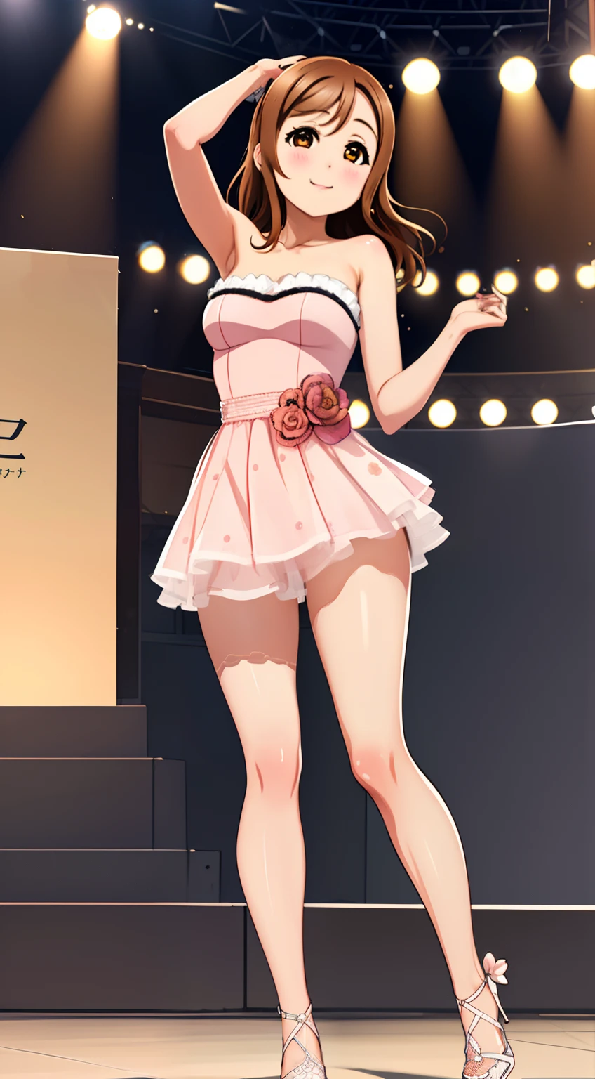 1girl, (illustration), (highly detailed), kunikida hanamaru, brown hair, anber eyes, masterpiece, high quality, detailed face, (beautiful detailed eyes), glossy lips, arms behind back, stage, (crowd:1.2), full body, strapless dress, high heels, standing