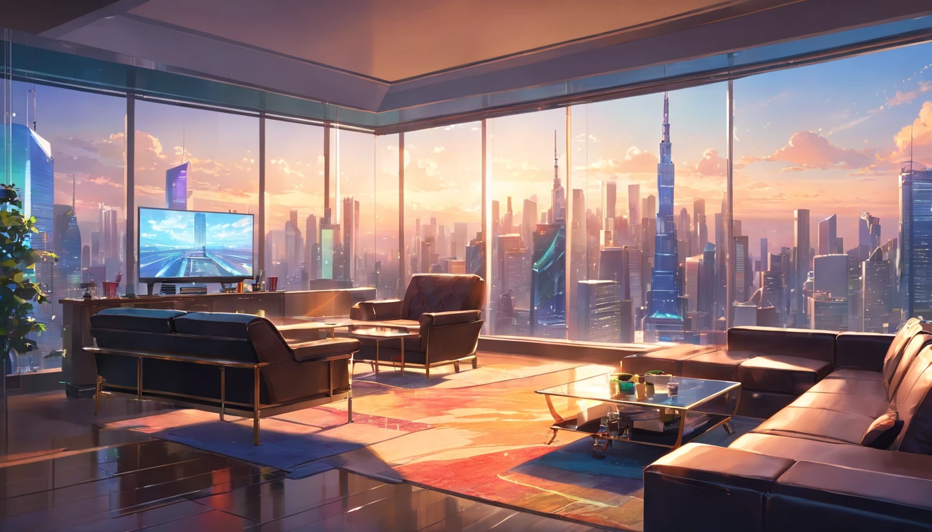 a luxury room with big black leather couch, big screen tv , glass wall with skyscrapers, a billiard table