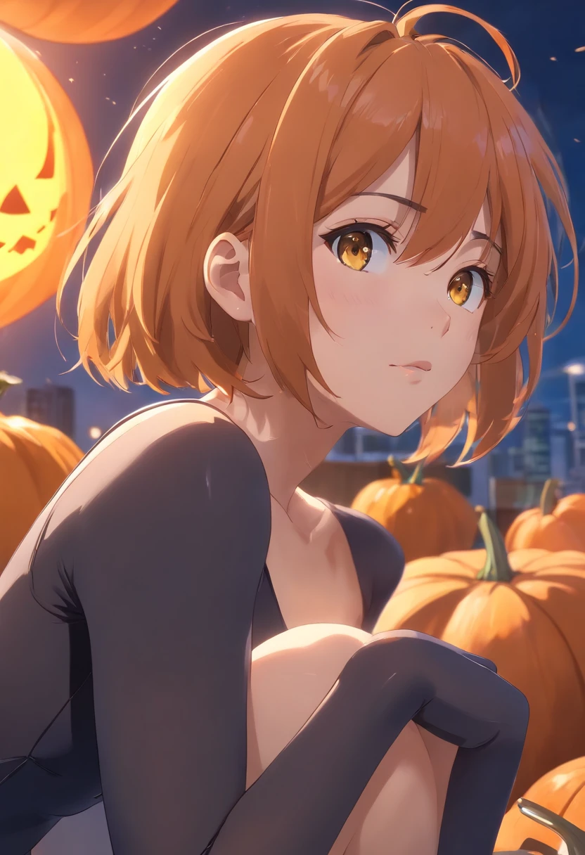 (best quality,4k,8k,highres,masterpiece:1.2),ultra-detailed,(realistic,photorealistic,photo-realistic:1.37),illustration,curvy female figure,orange hair,big breasts,big buttocks,full-body black bodysuit,yellow eyes,thick thighs,short bob haircut,wide hips,vibrant colors,dimmed lighting、haloween