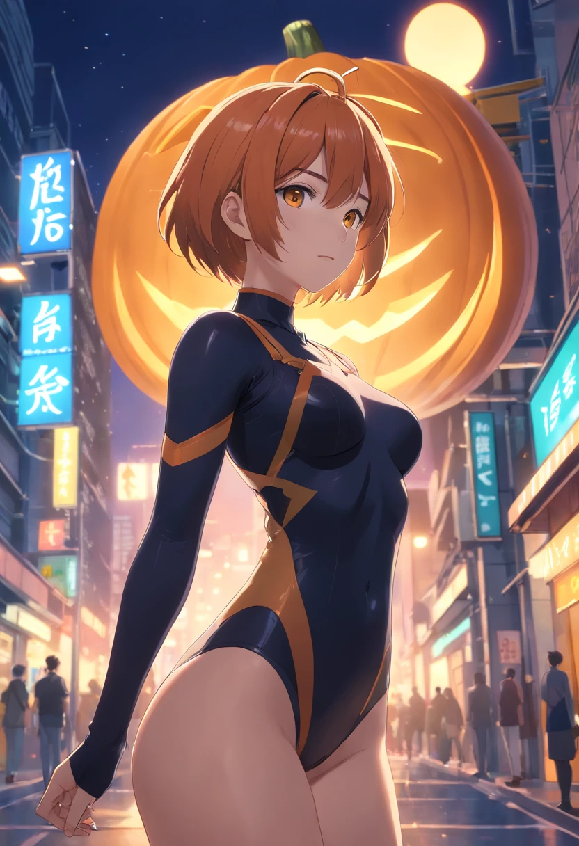 (best quality,4k,8k,highres,masterpiece:1.2),ultra-detailed,(realistic,photorealistic,photo-realistic:1.37),illustration,curvy female figure,orange hair,big breasts,big buttocks,full-body black bodysuit,yellow eyes,thick thighs,short bob haircut,wide hips,vibrant colors,dimmed lighting、haloween
