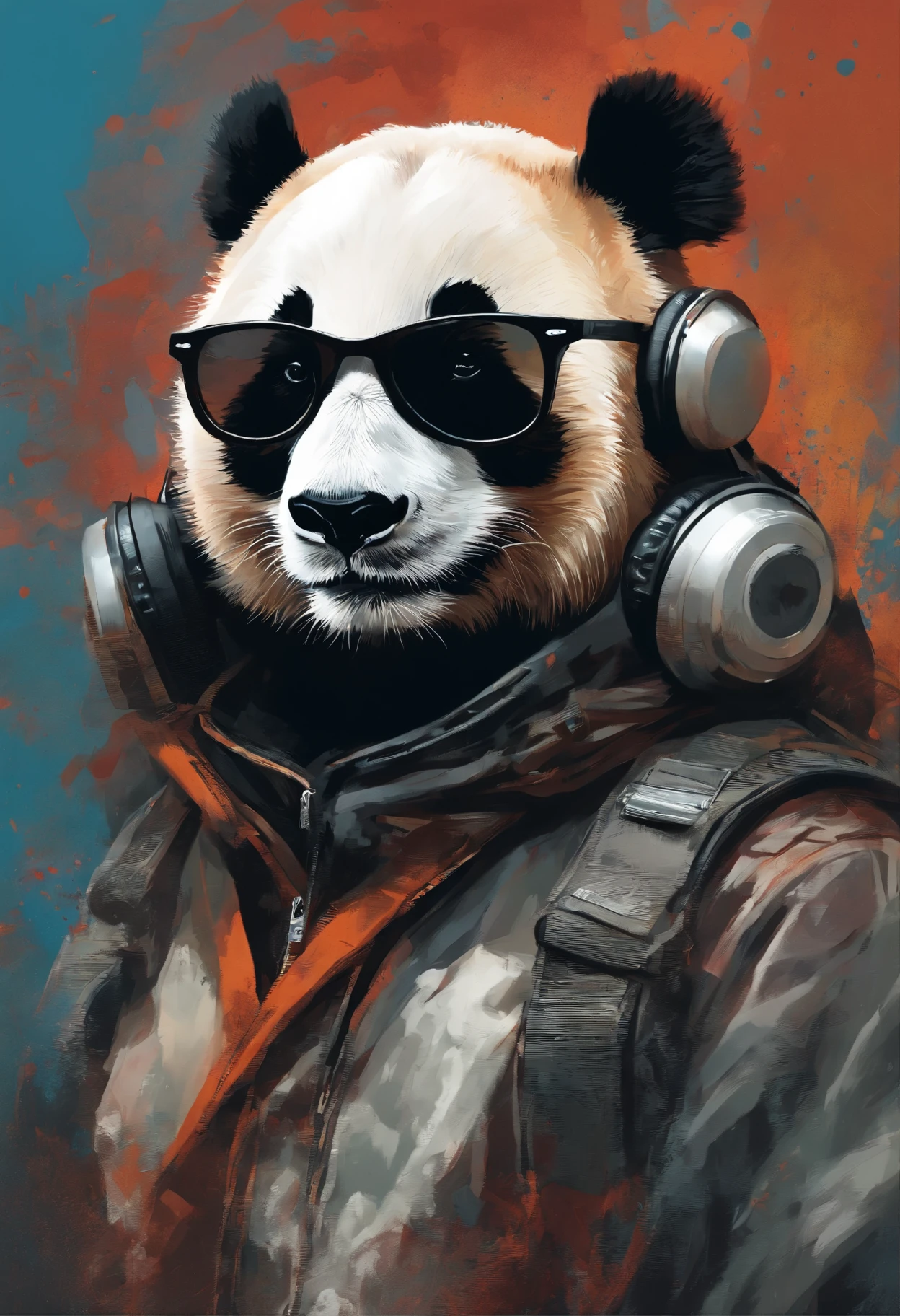 Perfect centralization, urso panda bonito, Use uma jaqueta da equipe de estudantes, wearing sunglasses, Usando fones de ouvido, alegria, Standing position, beleza abstrata, Centrado, looking at the camera, Facing the camera, nearing perfection, Dynamic, altamente detalhado, liso, foco nítido, 8k, high-definition resolution, illustration, arte de Carne Griffiths e Wadim Kashin, fundo branco