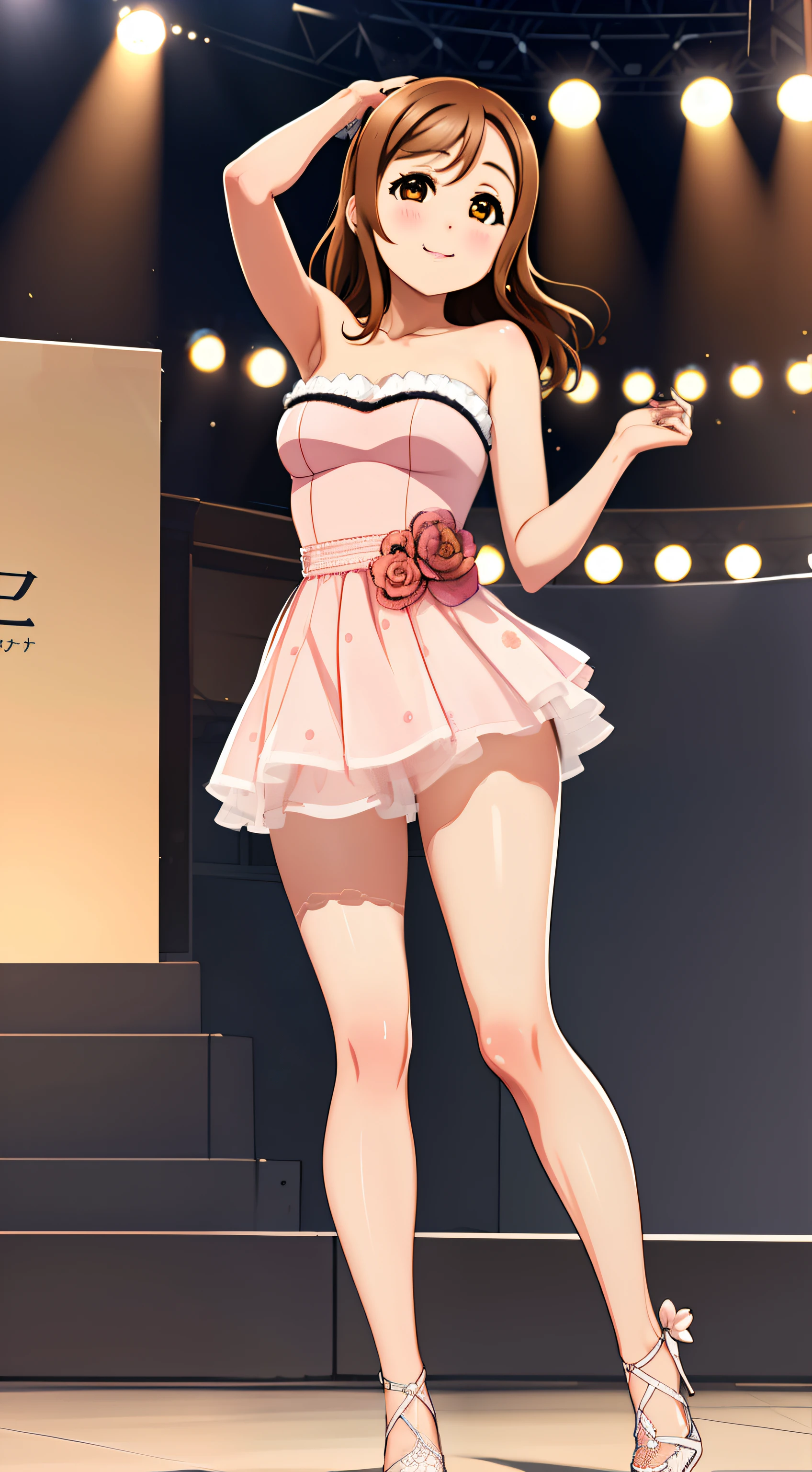 1girl, (illustration), (highly detailed), kunikida hanamaru, brown hair, anber eyes, masterpiece, high quality, detailed face, (beautiful detailed eyes), glossy lips, arms behind back, stage, (crowd:1.2), full body, strapless dress, high heels, standing