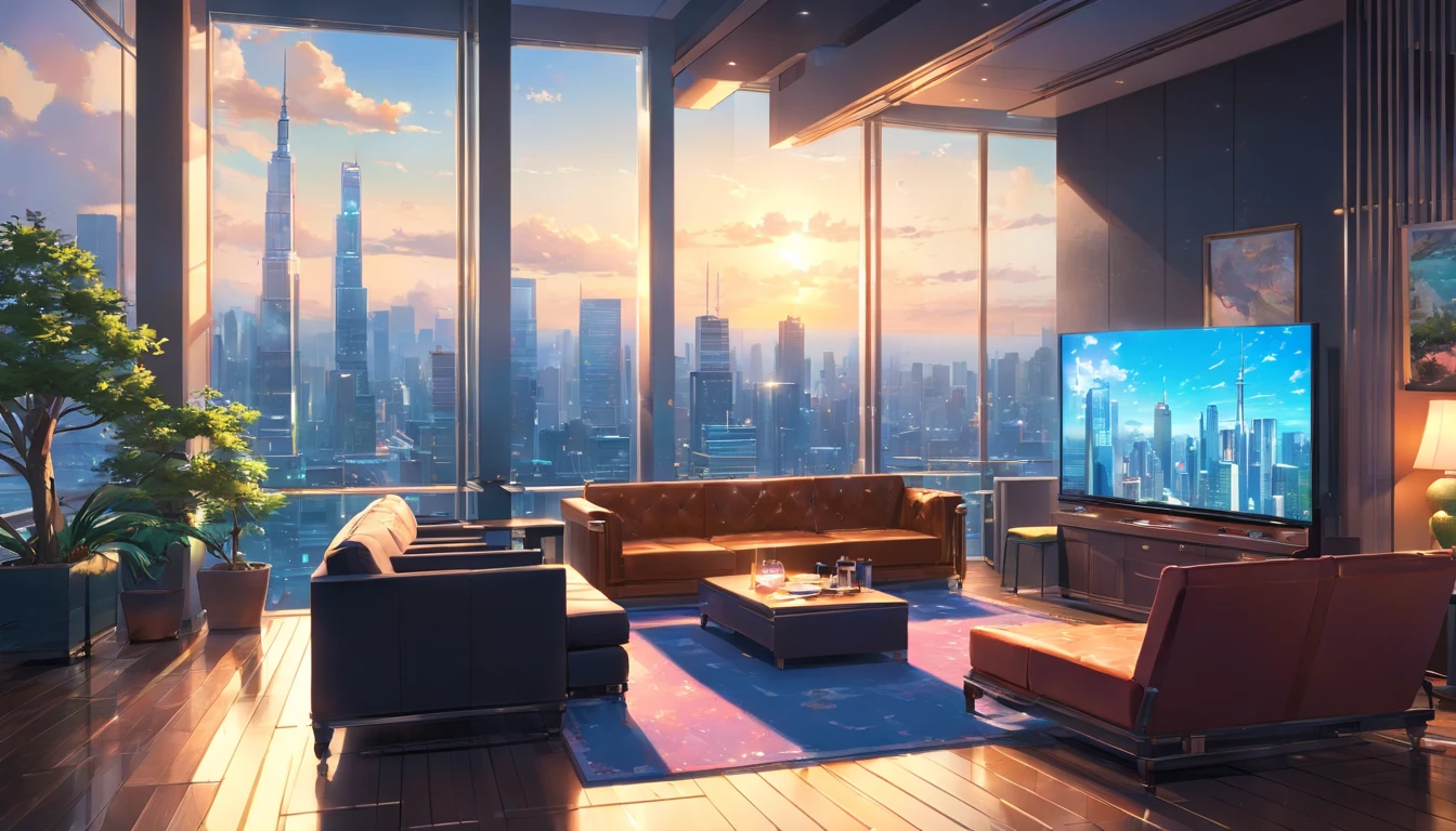 a luxury room with big black leather couch, big screen tv , glass wall with skyscrapers, a billiard table