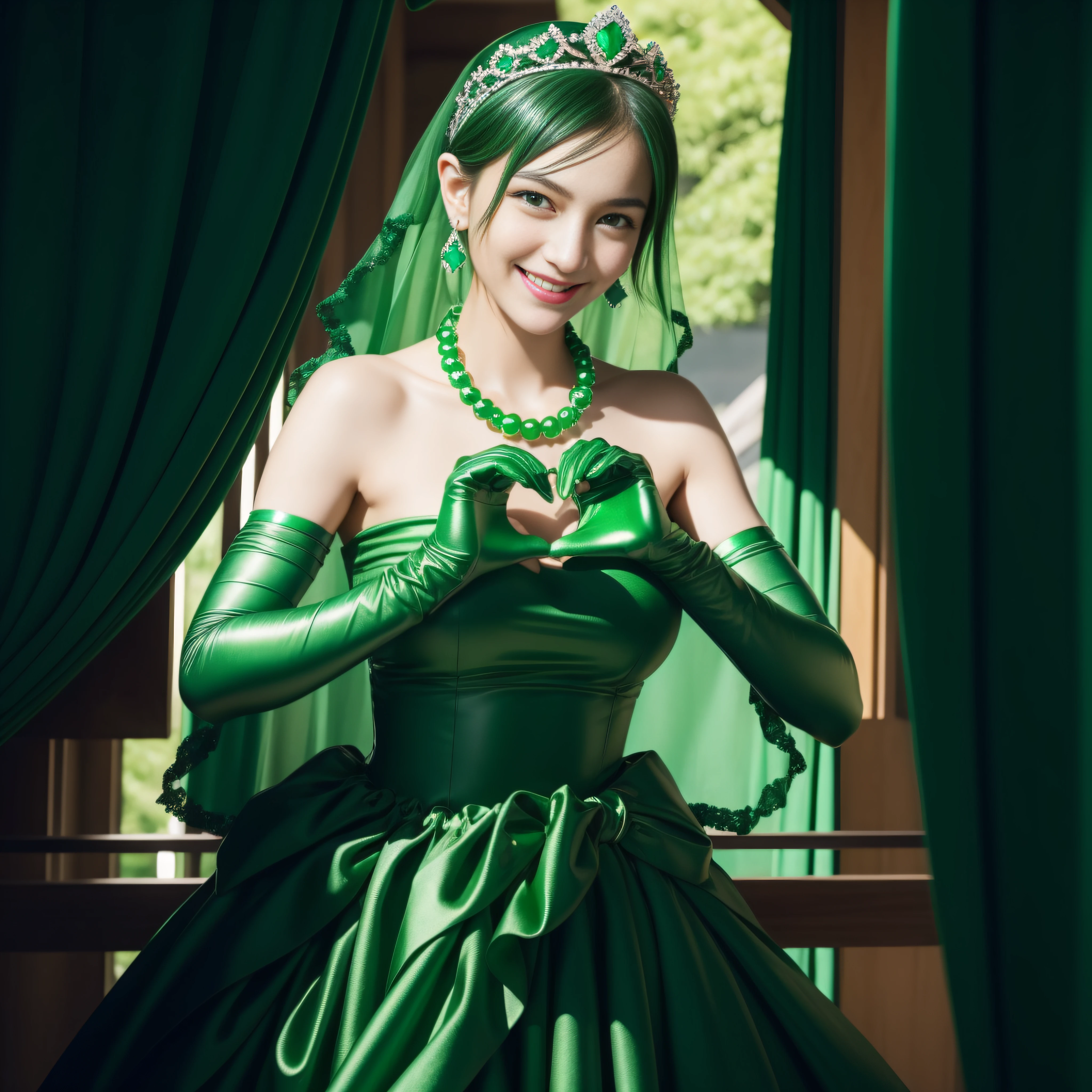 emerald tiara, Green Pearl Necklace, Boyish very short black hair, lipsticks, Japan woman smiling, very short short hair, big breasts beautiful, Green eyes, Long green gloves made of satin material, Green eyes, Emerald Earrings, green vale, Heart with both hands