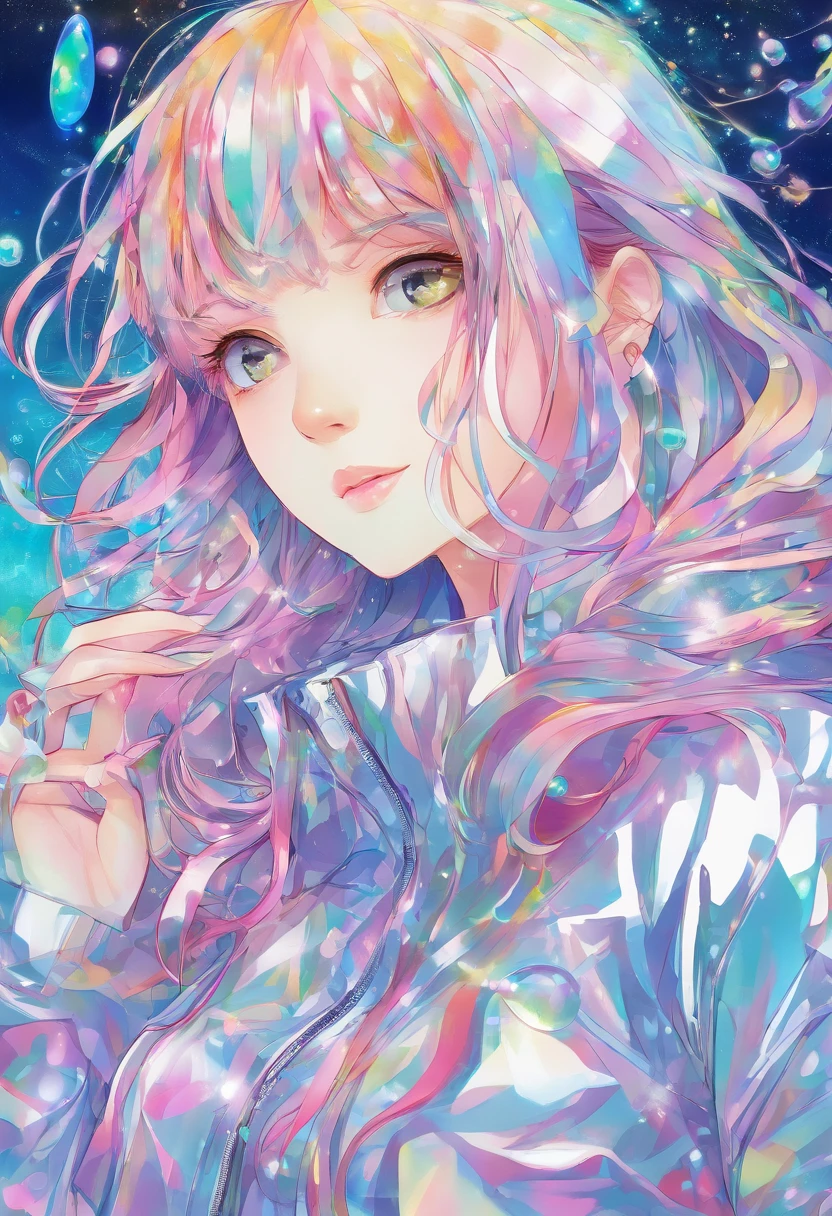 girl, anime, looking at viewer, bubbles, highly detailed, reflective transparent iridescent opaque jacket, long transparent iridescent RGB hair --ar 3:2