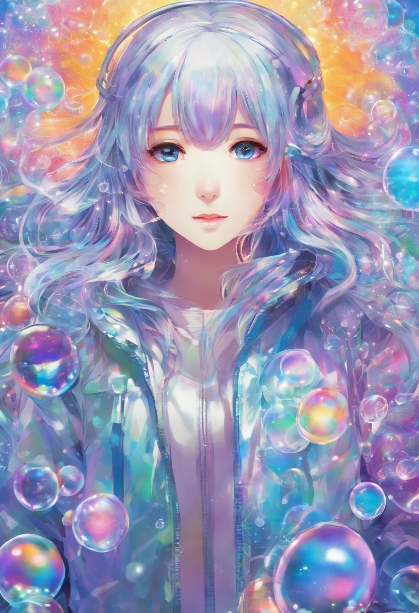 girl, anime, looking at viewer, bubbles, highly detailed, reflective transparent iridescent opaque jacket, long transparent iridescent RGB hair --ar 3:2