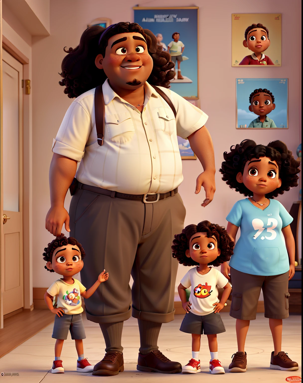 poster de filme estilo Disney pixar,A family with a fat black father, a brown woman, curly hair, a brown daughter, a white youngest