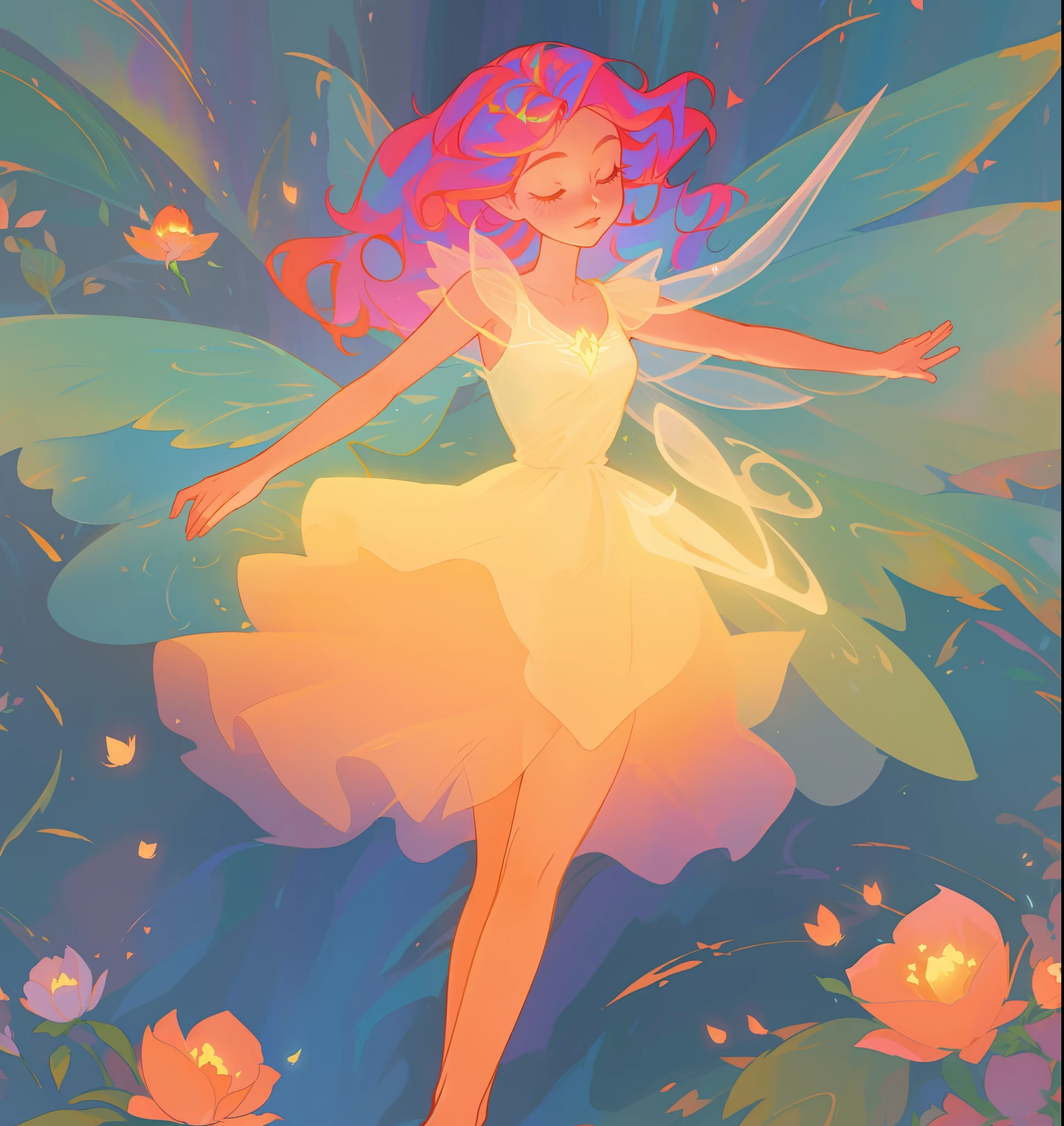 beautiful girl in flowing tiered layered ballgown dress, fairy dress, fairy queen, magical forest background, (glowing fairy wings), glowing flowing ballgown, long wavy hair, sparkling fairy wings, watercolor illustration, flowers and colorful plants, inspired by Glen Keane, inspired by Lois van Baarle, disney art style, by Lois van Baarle, glowing aura around her, by Glen Keane, jen bartel, glowing lights! digital painting, flowing glowing hair, glowing flowing hair, beautiful digital illustration, fantasia otherworldly landscape plants flowers, beautiful, masterpiece, best quality, anime disney style