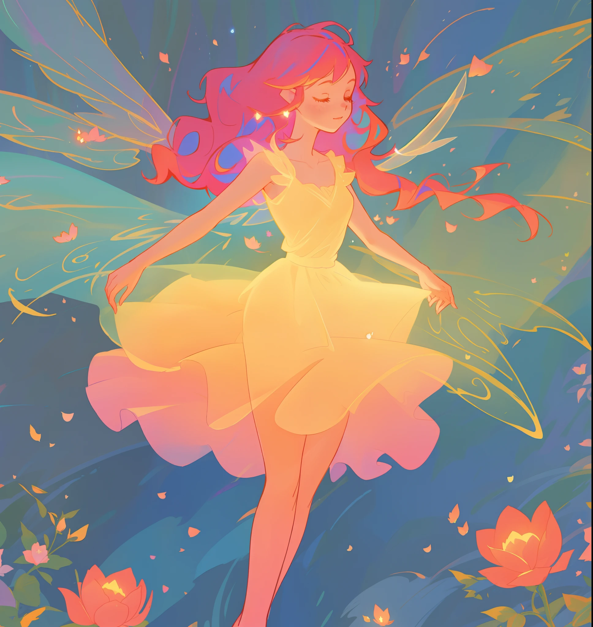 beautiful girl in flowing tiered layered ballgown dress, fairy dress, fairy queen, magical forest background, (glowing fairy wings), glowing flowing ballgown, long wavy hair, sparkling fairy wings, watercolor illustration, flowers and colorful plants, inspired by Glen Keane, inspired by Lois van Baarle, disney art style, by Lois van Baarle, glowing aura around her, by Glen Keane, jen bartel, glowing lights! digital painting, flowing glowing hair, glowing flowing hair, beautiful digital illustration, fantasia otherworldly landscape plants flowers, beautiful, masterpiece, best quality, anime disney style