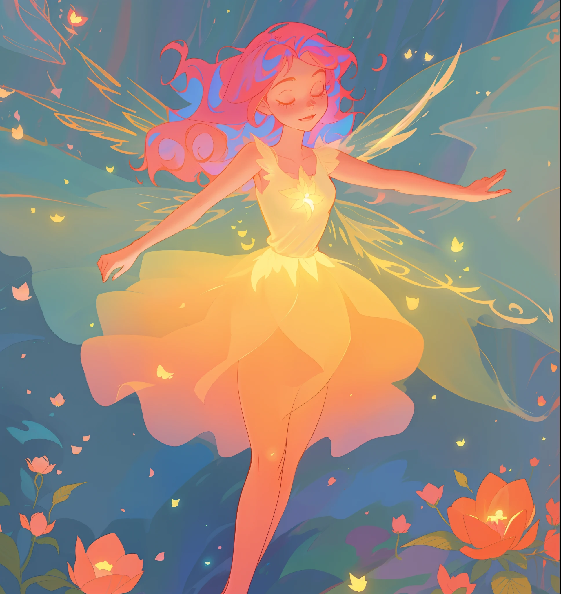 beautiful girl in flowing tiered layered ballgown dress, fairy dress, fairy queen, magical forest background, (glowing fairy wings), glowing flowing ballgown, long wavy hair, sparkling fairy wings, watercolor illustration, flowers and colorful plants, inspired by Glen Keane, inspired by Lois van Baarle, disney art style, by Lois van Baarle, glowing aura around her, by Glen Keane, jen bartel, glowing lights! digital painting, flowing glowing hair, glowing flowing hair, beautiful digital illustration, fantasia otherworldly landscape plants flowers, beautiful, masterpiece, best quality, anime disney style