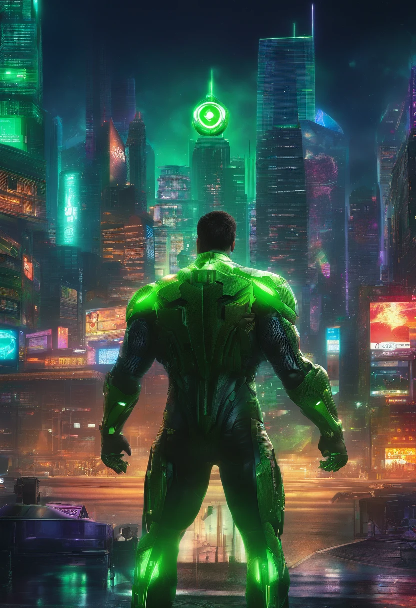An epic masterpiece by the Green Lantern Corps, renderizado em CG ultra-detalhado e imagens de melhor qualidade. With the iconic emerald light, luminosidade bonita, and Green Lantern's dynamic pose, contra um fundo escuro e intenso. The scene captures the heroic essence of Green Lantern, How he stands firm against the dangers of the universe. --auto