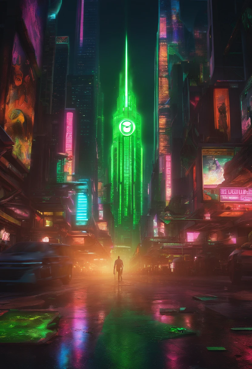 An epic masterpiece by the Green Lantern Corps, renderizado em CG ultra-detalhado e imagens de melhor qualidade. With the iconic emerald light, luminosidade bonita, and Green Lantern's dynamic pose, contra um fundo escuro e intenso. The scene captures the heroic essence of Green Lantern, How he stands firm against the dangers of the universe. --auto