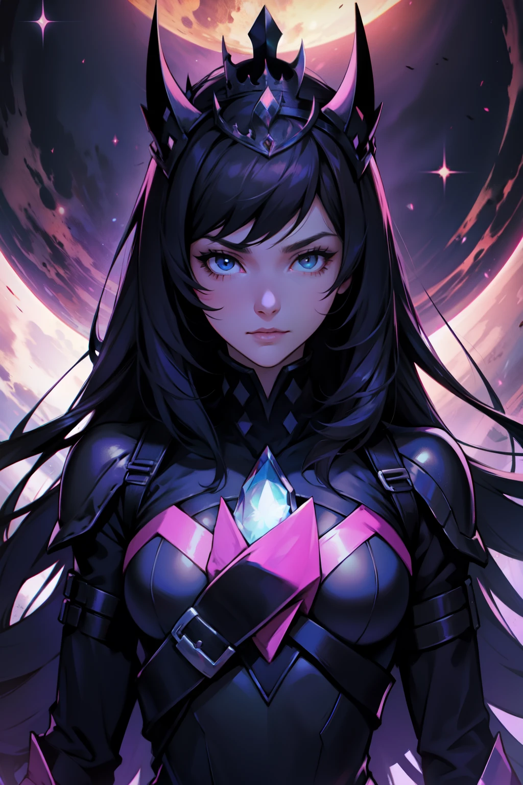 ((Masterpiece)) ((Perfect Face)) ((Beautiful)) ((Small Breasts)) ((portrait)) ((Wide Hips)) ((black and purple Super Hero Armor)) ((Super Powers)) ((Long Hair)) ((black Hair)) ((Pale Skin)) ((Glowing purple Eyes)) ((Button Nose)) ((Full Lips))