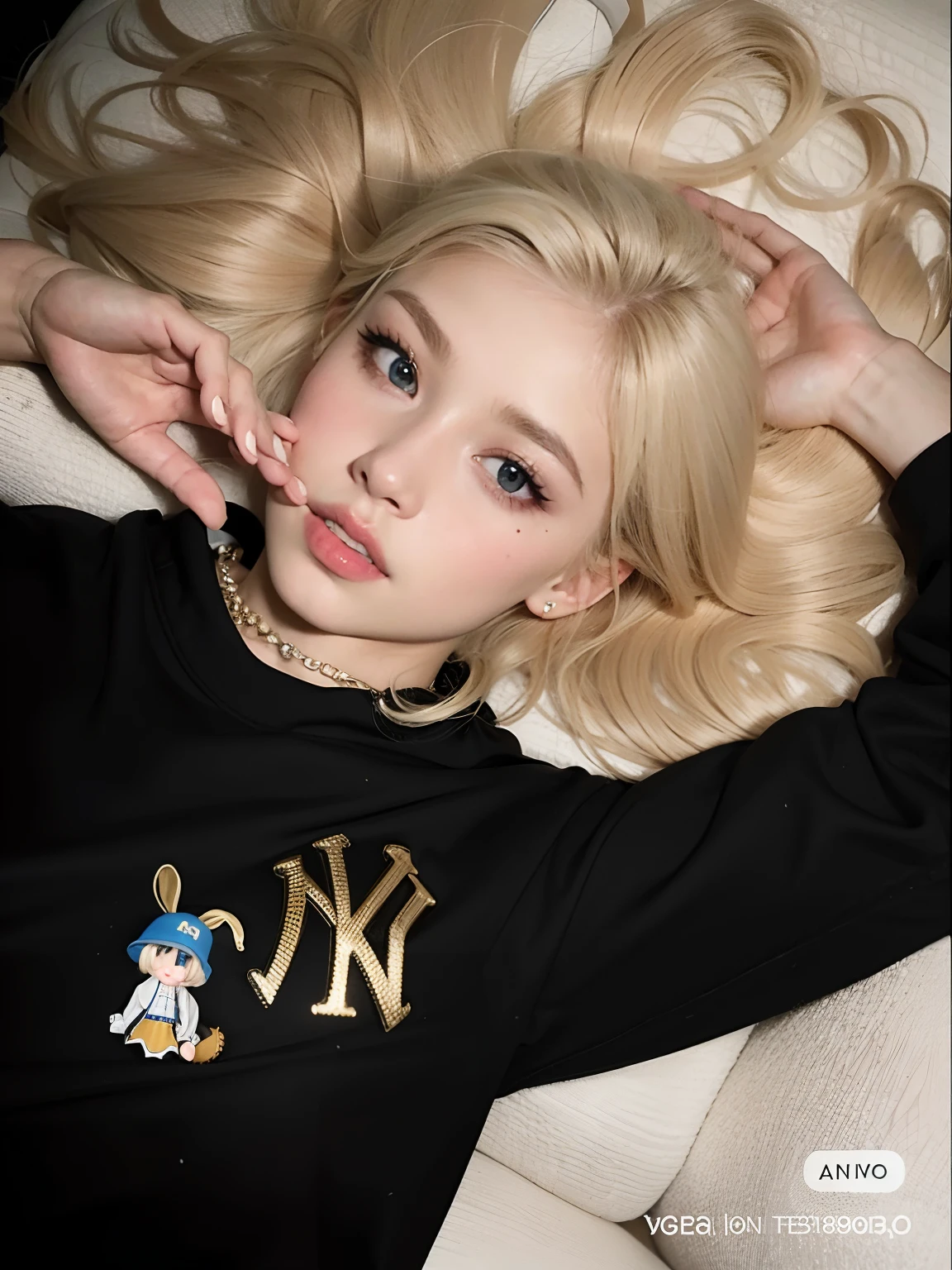 Blond haired girl lying on a sofa with a baseball shirt, extremely pale blond hair, ava max, very very pale blond hair, Retrato de Kim Petras,  perfeita de cabelos brancos, Parque Roseanne do Blackpink, her hair is white, ultrarrealista doce coelhinho meninarait of japanese gyaru, longos cabelos loiros e olhos grandes, cabelos loiros e olhos grandes