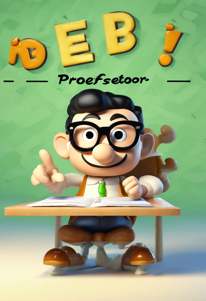 A cute white teacher, white skin, black hair, a small topert, pencil and papers on the table, with the text written 3d name "Professor Beto" in golden letters. Long BLACK hair, Rayban style glasses, big smile with diastema, GREEN EYES, 3d rendering, photo