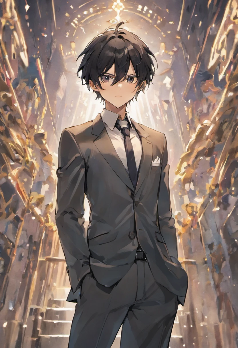 1boy (black hair, short and wavy), tall, sharp gray eyes, athletic, toned body, symmetrical, attractive face, white hair, formal suit and long legs.