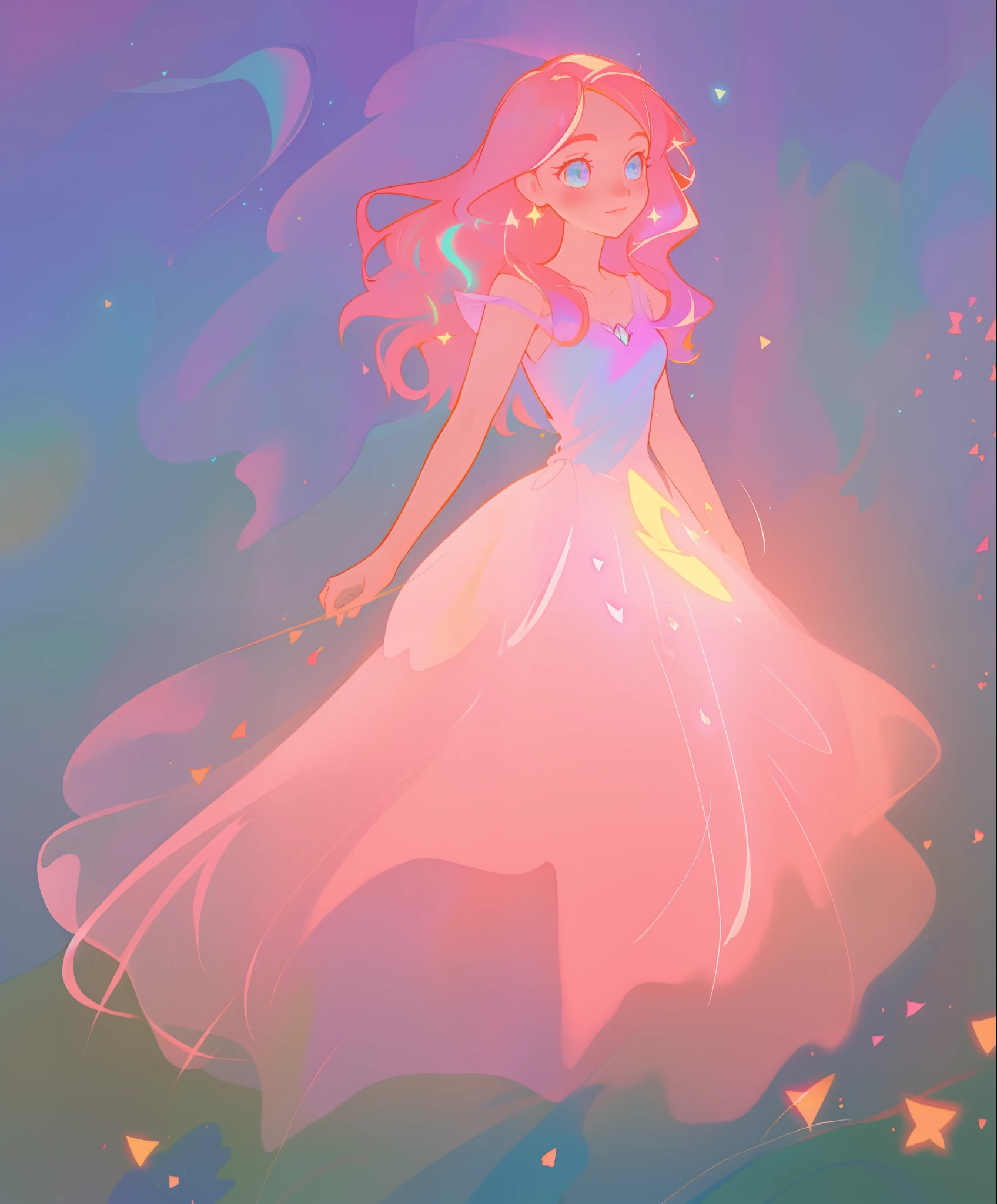 beautiful girl, puffy shimmering layered ballgown, vibrant pastel colors, (colorful), long flowing hair, magical lights, sparkling magical liquid, inspired by Glen Keane, inspired by Lois van Baarle, disney art style, by Lois van Baarle, glowing aura around her, by Glen Keane, jen bartel, glowing lights! digital painting, flowing glowing hair, glowing flowing hair, beautiful digital illustration, fantasia background, whimsical, magical, fantasy, ((masterpiece, best quality)), intricate details, highly detailed, sharp focus, 8k resolution, sparkling detailed eyes, liquid watercolor