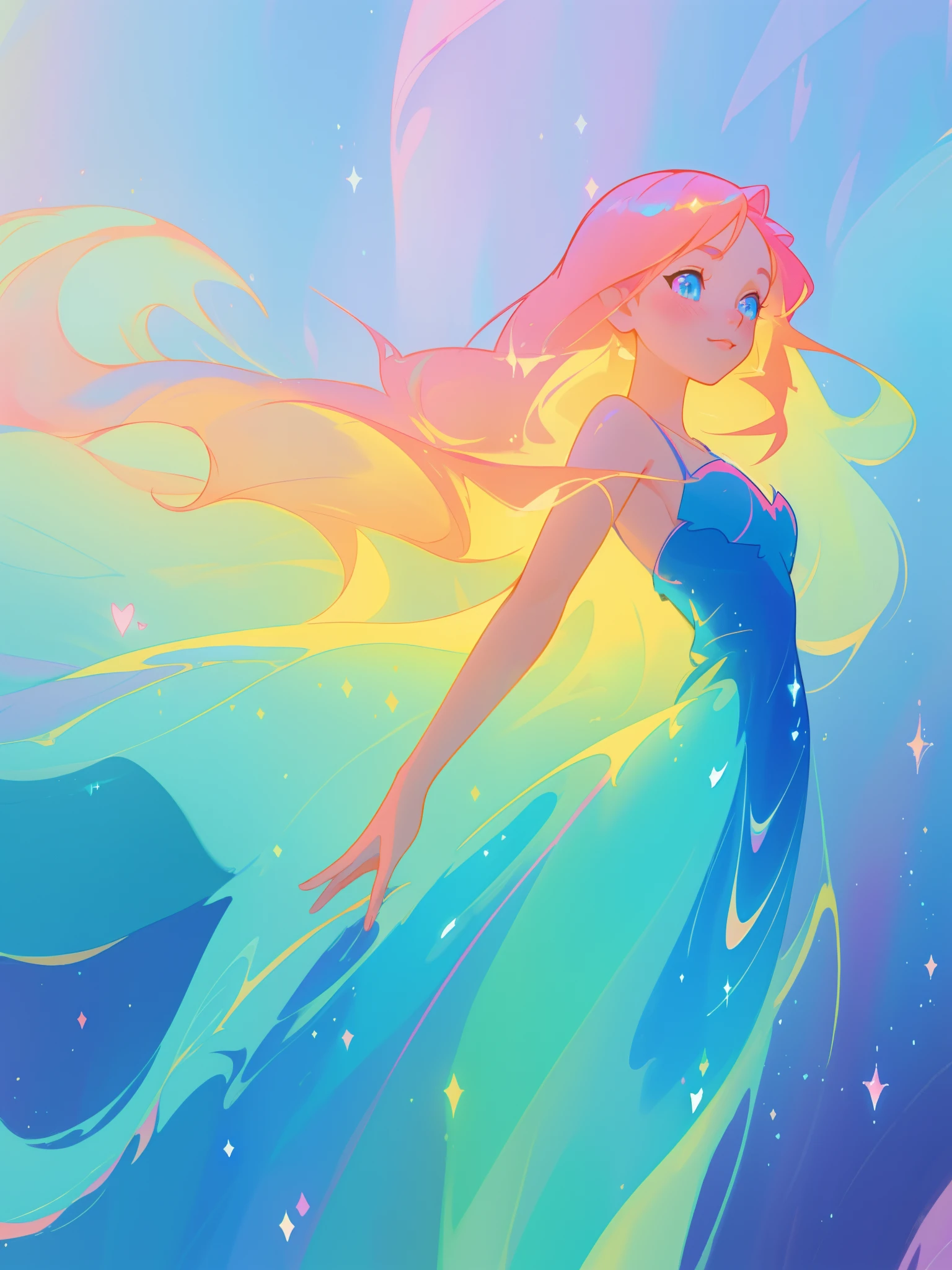 beautiful girl, flowing liquid dress, colorful flowing long hair, vibrant pastel colors, (colorful), magical lights, sparkling magical liquid, inspired by Glen Keane, inspired by Lois van Baarle, disney art style, by Lois van Baarle, glowing aura around her, by Glen Keane, jen bartel, glowing lights! digital painting, flowing glowing hair, glowing flowing hair, beautiful digital illustration, fantasia background, whimsical, magical, fantasy, ((beautiful face)), ((masterpiece, best quality)), intricate details, highly detailed, sharp focus, 8k resolution, sparkling detailed eyes, liquid watercolor