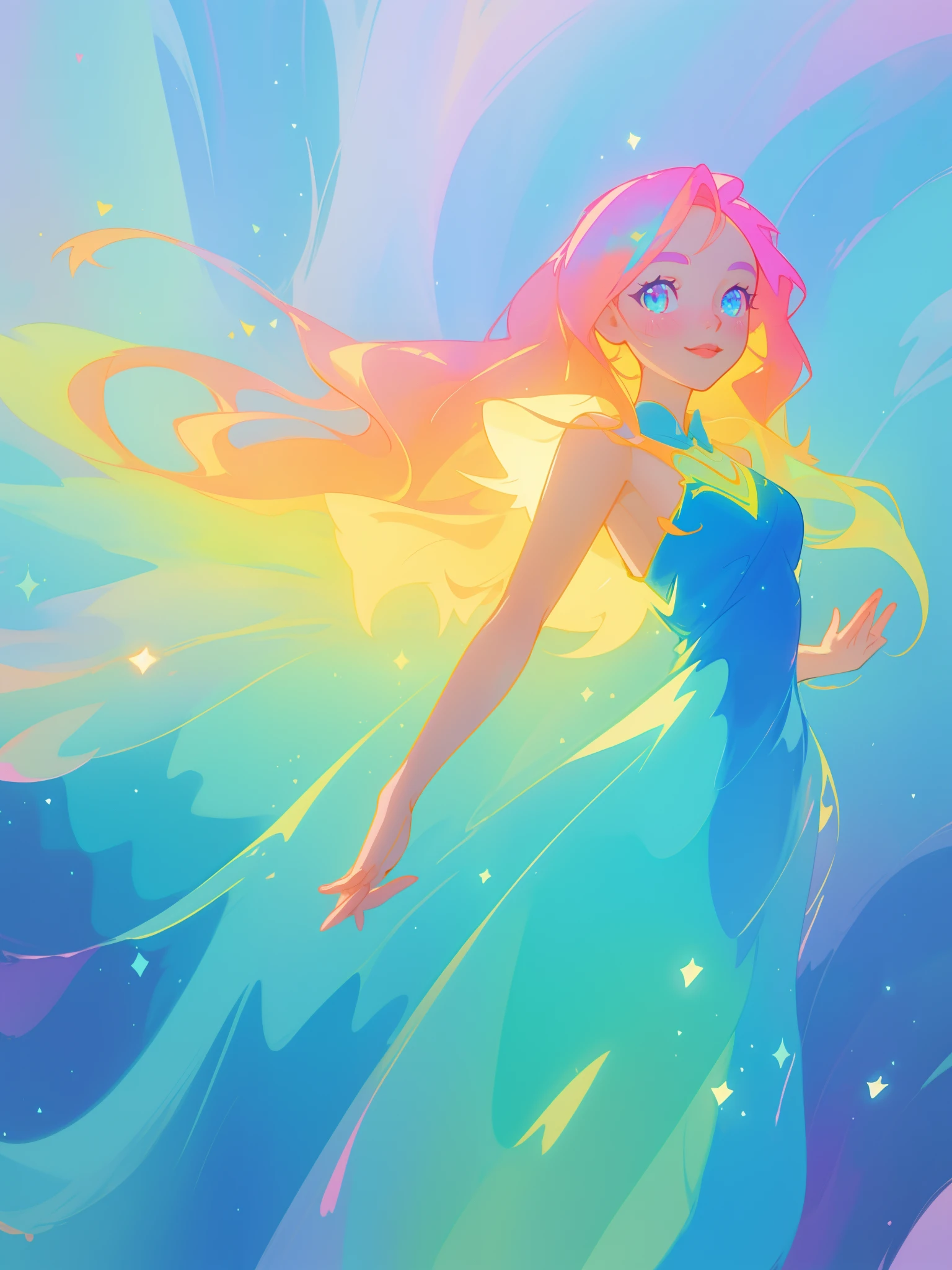 beautiful girl, flowing liquid dress, colorful flowing long hair, vibrant pastel colors, (colorful), magical lights, sparkling magical liquid, inspired by Glen Keane, inspired by Lois van Baarle, disney art style, by Lois van Baarle, glowing aura around her, by Glen Keane, jen bartel, glowing lights! digital painting, flowing glowing hair, glowing flowing hair, beautiful digital illustration, fantasia background, whimsical, magical, fantasy, ((beautiful face)), ((masterpiece, best quality)), intricate details, highly detailed, sharp focus, 8k resolution, sparkling detailed eyes, liquid watercolor