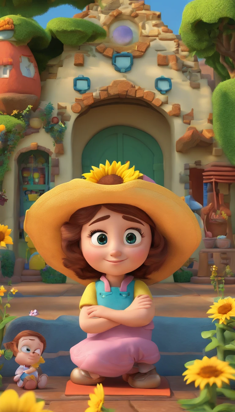 Create a Disney PIXAR-style 3D poster with a family theme with triplets, 1 no meio e 2 meninaado, They're hugging each other, O menino tem pstanha e cabelos castanhos escuros e olhos castanhos escuros, 1 menina tem pele cllhos e cabelos escuros e cacheados, e a outra menina tem pele morena, escuros e cabelos escuros e lisos, tudo isso no estilo Disney PIXAR 3D, In the background, A house of sunflowers, Gloria Studio, The garden is full of sunflowers, material de argila, estilo de design cartunesco, POP Mart, soft lighting, linhas suaves, Spring tilt, detailed science fiction illustrations, Detalhes hiper-realistas, cor quente no estilo Disney PIXAR 3D