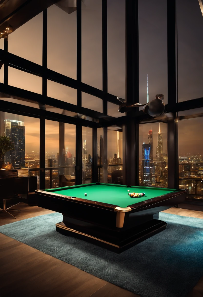 a luxury room , big black couch, big tv screen , glass wall with skyscrapers, a billiard table.