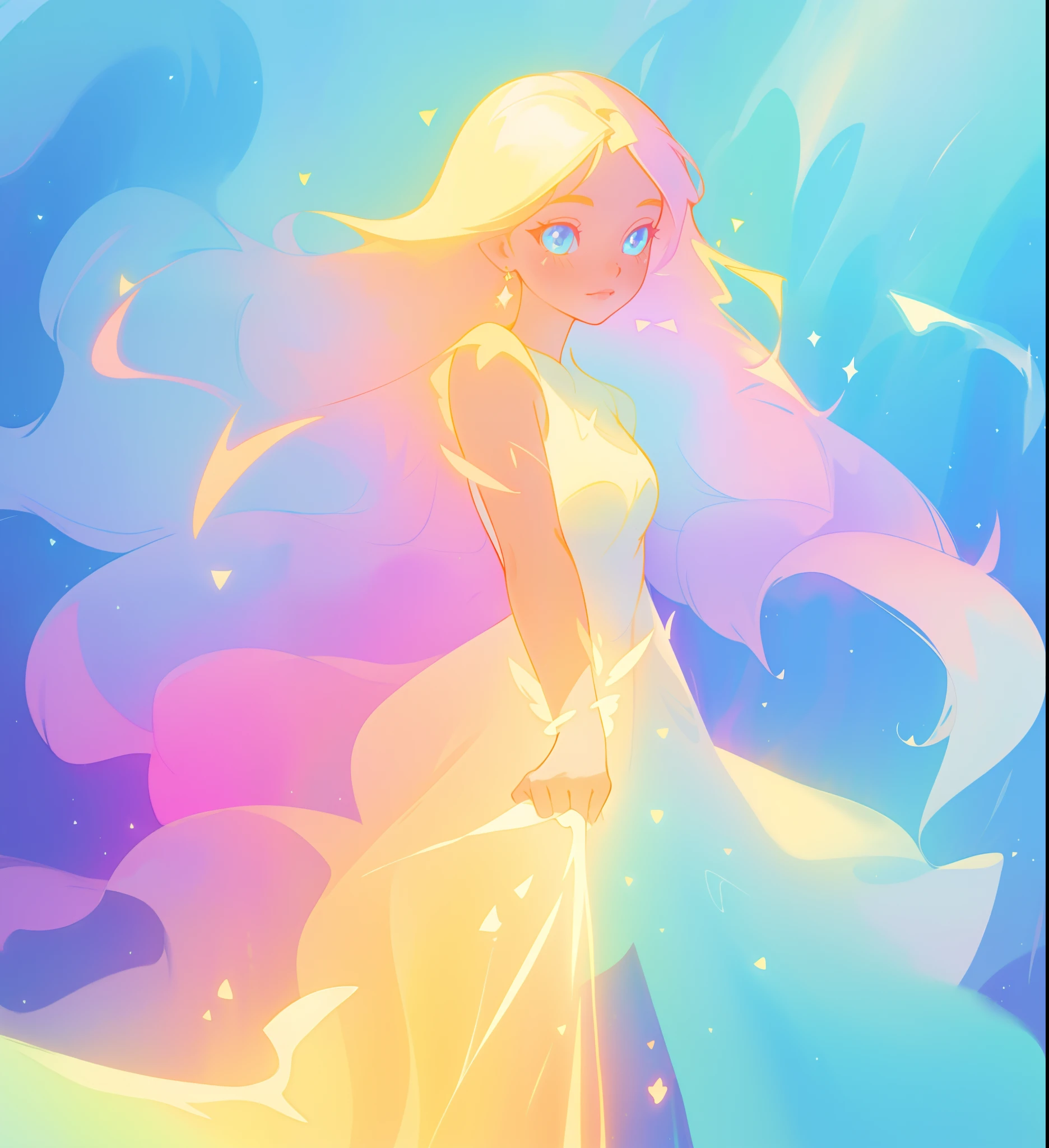 beautiful girl, flowing liquid colorful dress, vibrant pastel colors, (colorful), long flowing colorful hair, magical lights, sparkling magical liquid, inspired by Glen Keane, inspired by Lois van Baarle, disney art style, by Lois van Baarle, glowing aura around her, by Glen Keane, jen bartel, glowing lights! digital painting, flowing glowing hair, glowing flowing hair, beautiful digital illustration, fantasia background, whimsical, magical, fantasy, ((beautiful face)), ((masterpiece, best quality)), intricate details, highly detailed, sharp focus, 8k resolution, sparkling detailed eyes, liquid watercolor