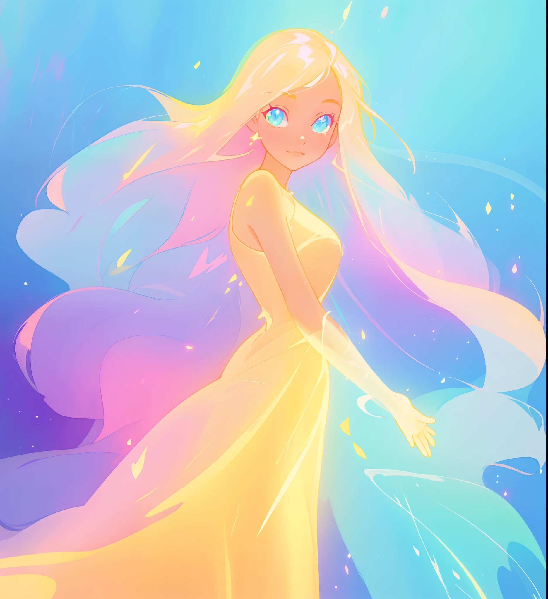 beautiful girl, flowing liquid colorful dress, vibrant pastel colors, (colorful), long flowing colorful hair, magical lights, sparkling magical liquid, inspired by Glen Keane, inspired by Lois van Baarle, disney art style, by Lois van Baarle, glowing aura around her, by Glen Keane, jen bartel, glowing lights! digital painting, flowing glowing hair, glowing flowing hair, beautiful digital illustration, fantasia background, whimsical, magical, fantasy, ((beautiful face)), ((masterpiece, best quality)), intricate details, highly detailed, sharp focus, 8k resolution, sparkling detailed eyes, liquid watercolor