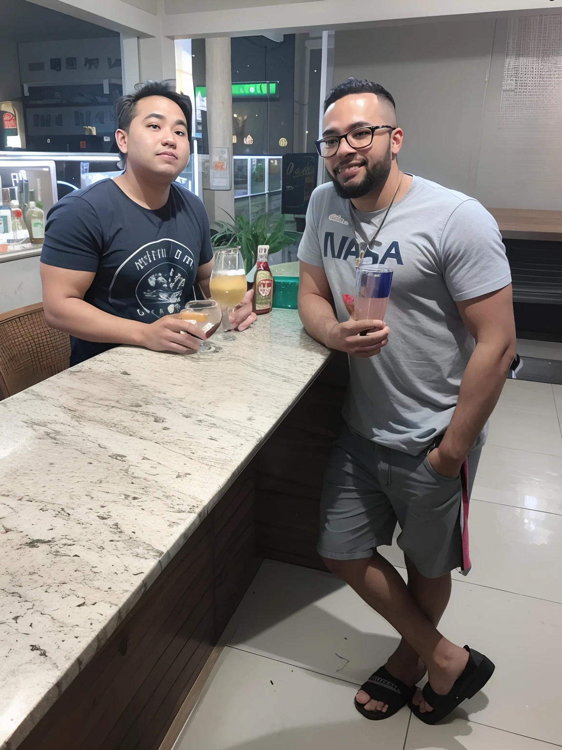 ((2heads)),1man, blonde,dark hair, side by side, fat, 45 years old, argentinian,cuban, shirtless, jeans, chubby,wide torso,unathletic,beer in hand,dusk, in a bar, surrounded by shirtless men, full body, looking happy