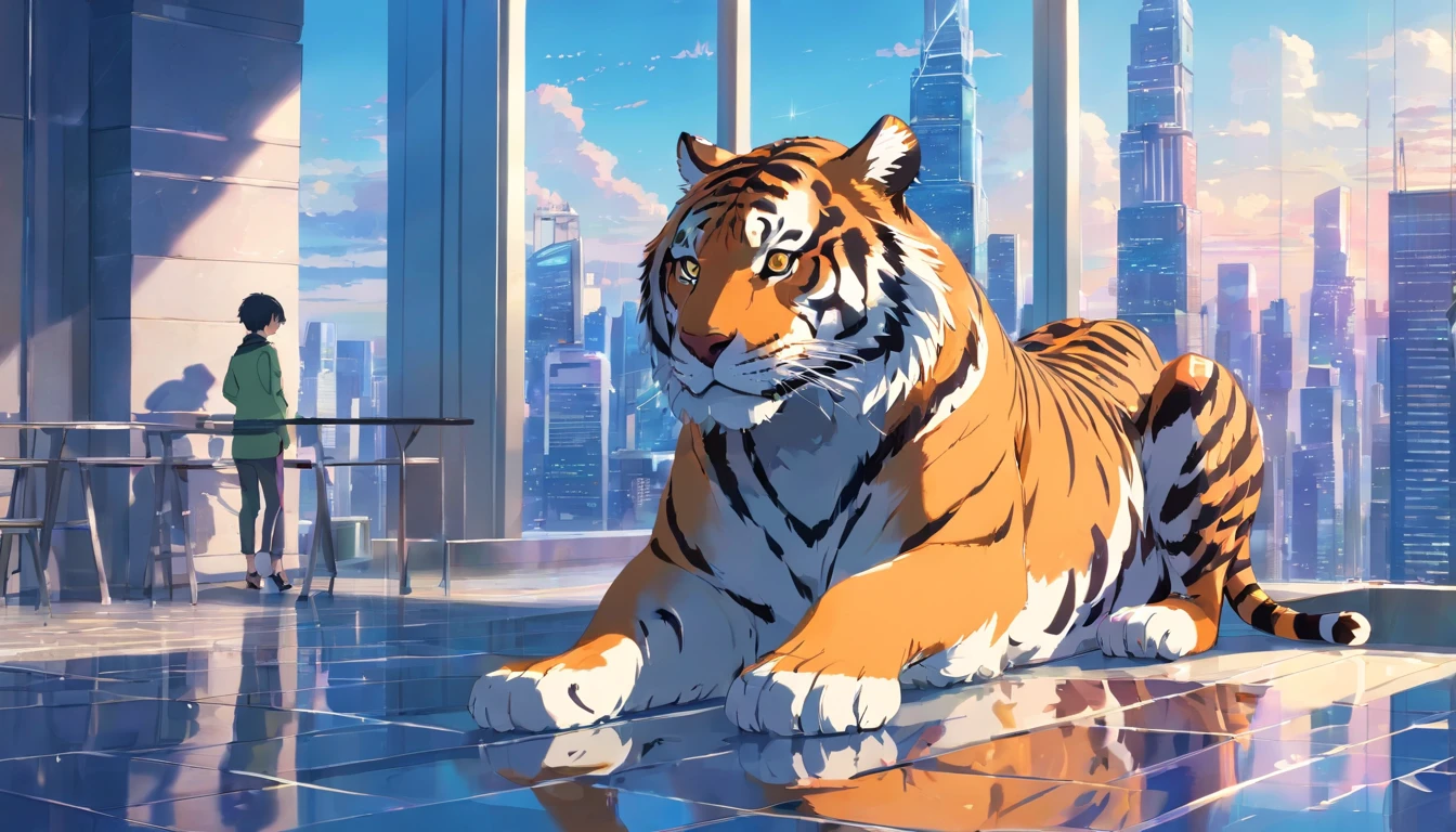 luxury roomon skyscraper, one tiger lay down on the floor, glass wall with skyscrapers