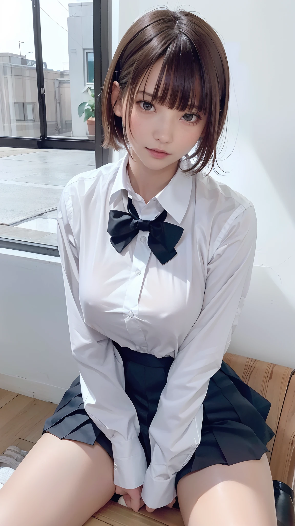 (8K, top quality, masterpiece: 1.2), (realistic, photorealistic: 1.2), sitting, (panty shot)))), (spreads your legs)))), solo, beautiful definition sky, night, wet, watching the viewer, (sit: 1.5), dating, future, (nose brush), smile, big breasts, fine beautiful eyes,), (dark blonde: 1), (short hair :1.1), Panty shot, Spread legs, Skirt, School uniform, White panties, Socks, Black hair, Shirt, Blurred, Blurred background, Knee-high, White shirt, Loafers, Realistic, Long hair, Lips, Brown eyes, Black socks, Tie, Pleated skirt, Bow, Headrest, Sideways, Outdoors, Brown footwear, Masterpiece, Best quality, Ultra detailed, ((((Panty Shot))), (((Spread your legs))),