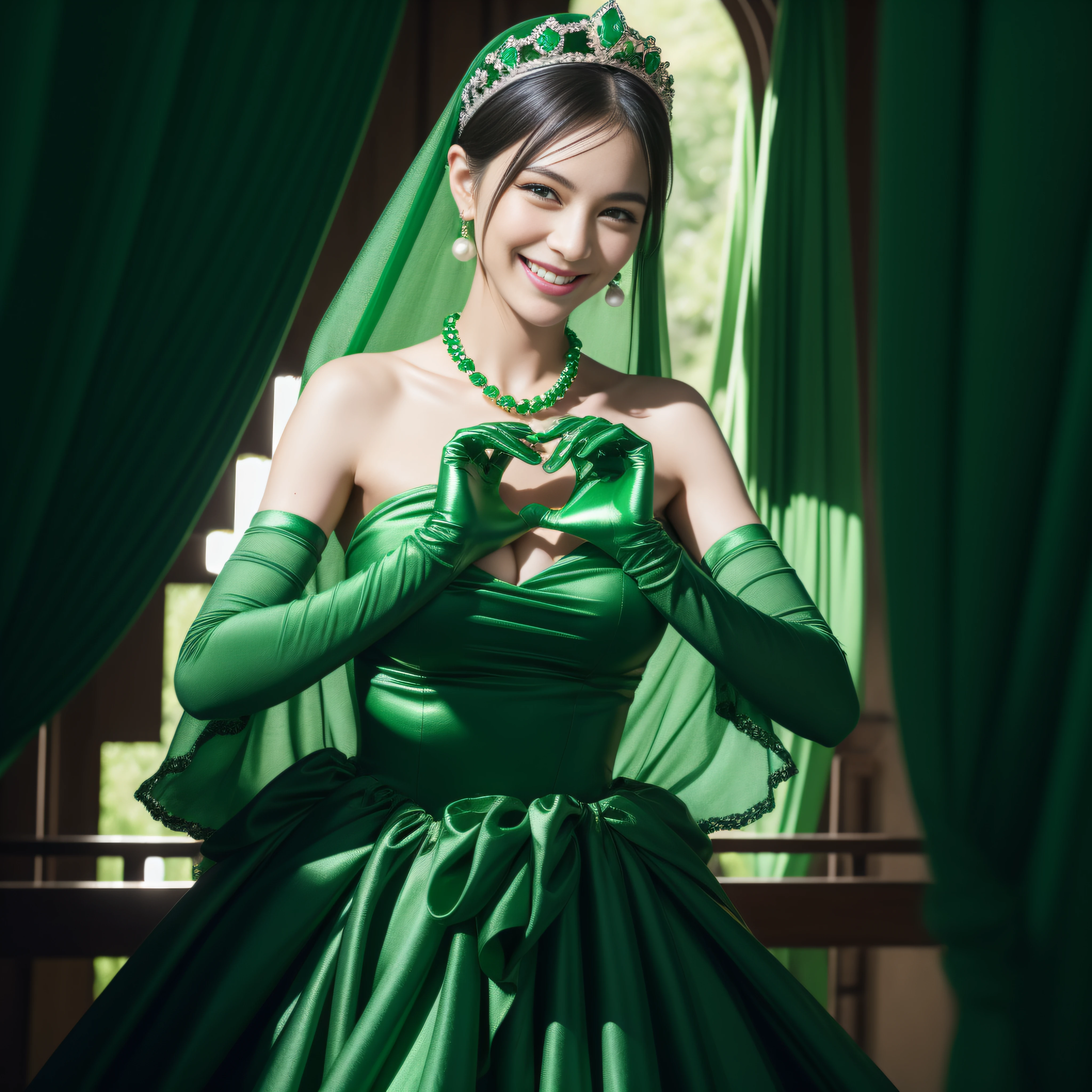 emerald tiara, Green Pearl Necklace, Boyish very short black hair, lipsticks, Japan woman smiling, very short short hair,  big breasts beautiful, Green eyes, Long green gloves made of satin material, Green eyes, Emerald Earrings, green vale, Heart with both hands