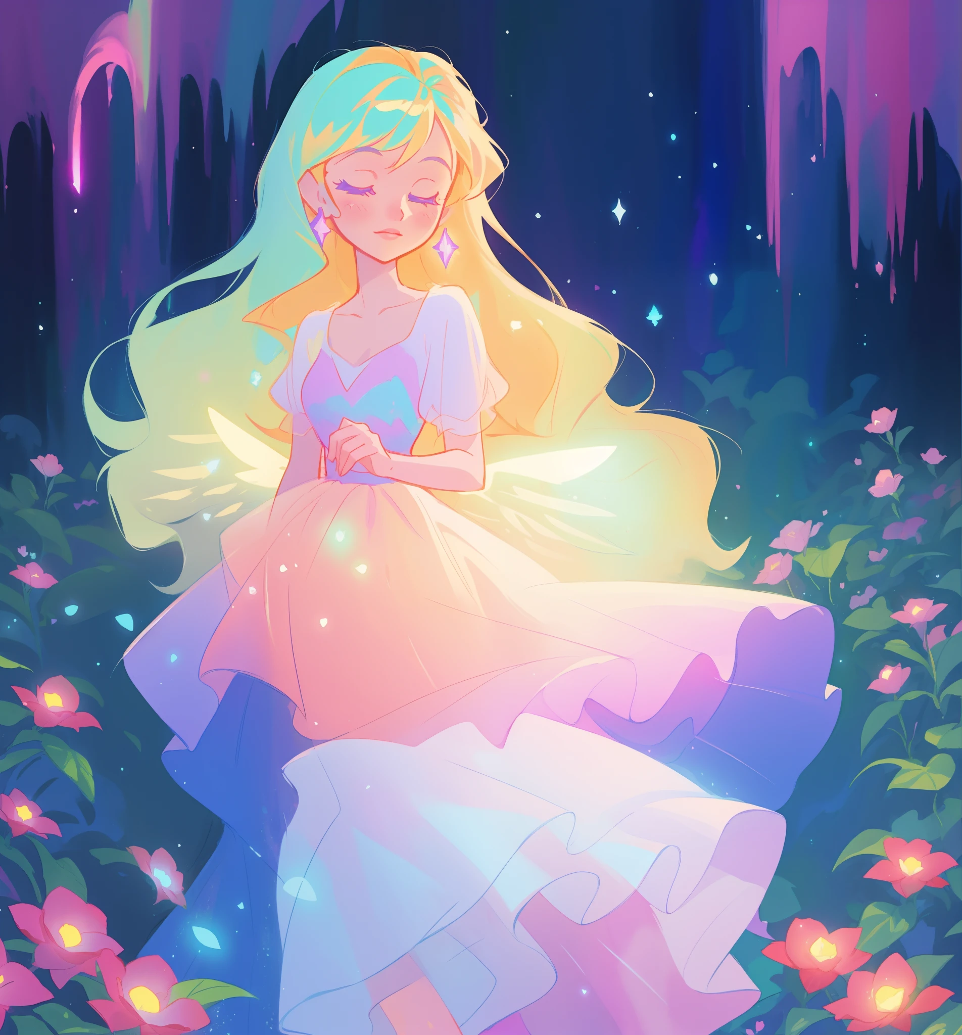 beautiful girl in flowing tiered layered ballgown dress, fairy dress, fairy queen, magical forest background, (glowing fairy wings), glowing flowing ballgown, long wavy hair, sparkling fairy wings, watercolor illustration, flowers and colorful plants, inspired by Glen Keane, inspired by Lois van Baarle, disney art style, by Lois van Baarle, glowing aura around her, by Glen Keane, jen bartel, glowing lights! digital painting, flowing glowing hair, glowing flowing hair, beautiful digital illustration, fantasia otherworldly landscape plants flowers, beautiful, masterpiece, best quality, anime disney style