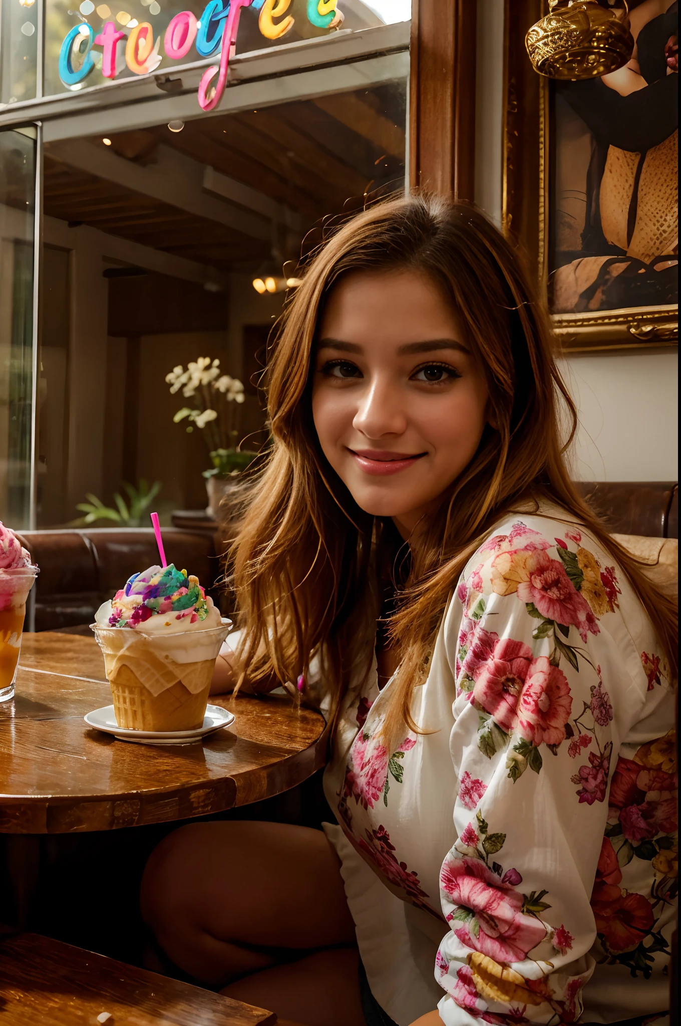 (La mejor calidad,Ultra detallado,realista:1.37),retrato,Medio:oils,Beautiful 30 years old woman,Eating ice cream at an ice cream parlor,cabello largo y rubio,ojos del color de la miel,sonrisa encantadora,manos y dedos perfectos,sunny day,inside a colorful and cozy ice cream parlor,Deliciosos sabores de helado,Conos de gofres decorados,colores vibrantes,Deliciosos postres,Smell of freshly made waffles,Gente disfrutando de sus golosinas,Cautivadora luz del sol que entra por las ventanas,Creando hermosas sombras,soft warm lighting,Comfortable seats,Artistic interior design,Muebles elegantes,Playful decorations,Display of exquisite desserts,Impeccable attention to detail,Warm and welcoming atmosphere,dreamy atmosphere,Enjoy a moment of pure joy,Creando recuerdos con amigos y familiares,Una experiencia encantadora.