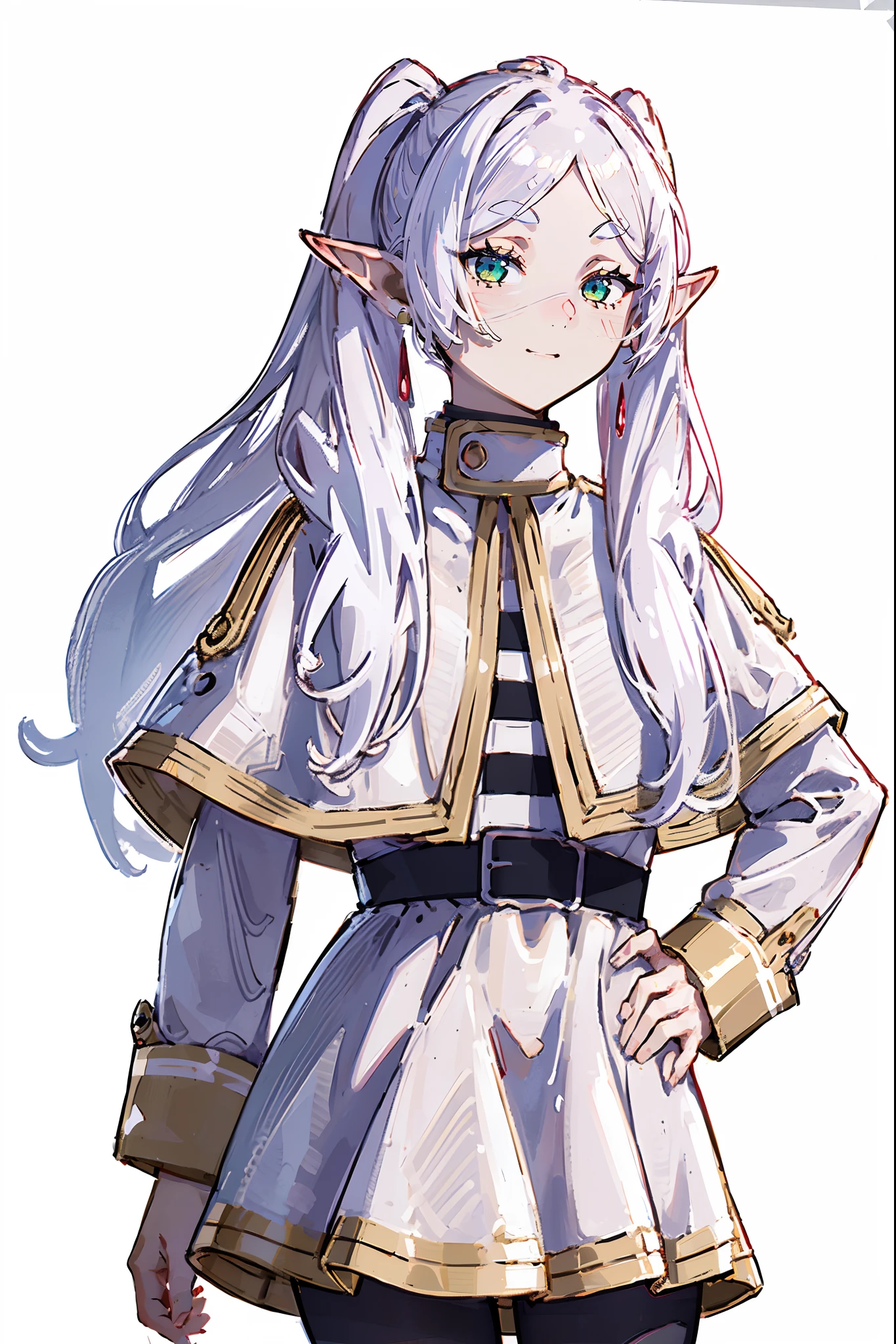 8k, best quality, masterpiece, (ultra-detailed:1.1), (high detailed skin), (full body:1.2), white background, standing, looking at viewer, solo, hand on hip, fll, twintails, 1girl, pointy ears, round face,white hair, green eyes, elf, pantyhose, long hair, earrings, black pantyhose, white capelet, long sleeves, dress, (white background, simple background,:1.2), ( good hands, nice hands:0.5), (beautiful_face), ((intricate_detail)), clear face, ((finely_detailed)), fine_fabric_emphasis, ((glossy)), full_shot,