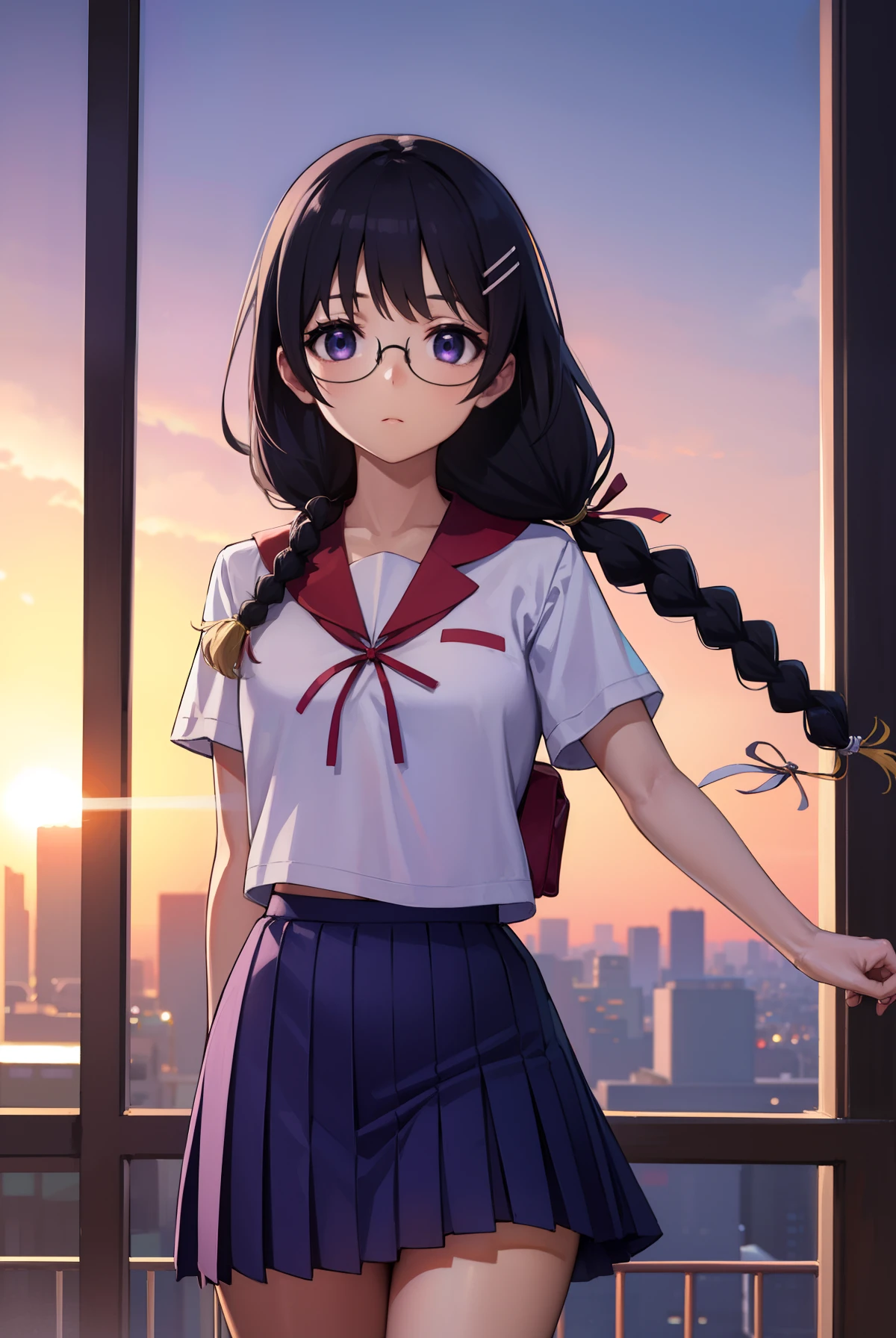 hanekawatsubasa, hanekawa tsubasa, Long hair, Black hair, Hair Ornament, (Purple eyes:1.1), braid, hair clips, Twin braids, naoetsu high school uniform, Glasses,
BREAK skirt, School uniform, naoetsu high school uniform,
BREAK outdoors, city,
BREAK looking at viewer, BREAK (masutepiece:1.2), Best Quality, High resolution, Unity 8k壁纸, (Illustration:0.8), (Beautiful detailed eyes:1.6), extra detailed face, Perfect Lighting, extremely details CG, (Perfect hands, Perfect Anatomy),