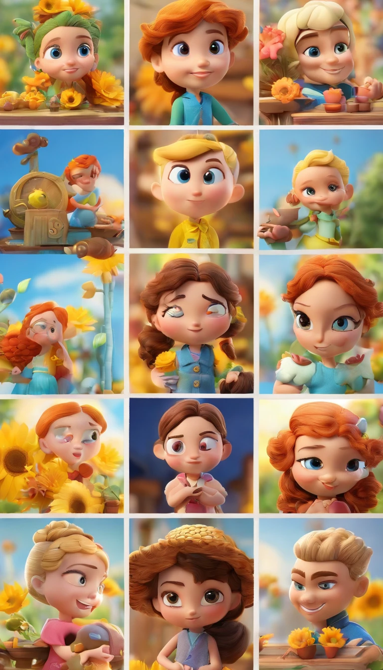 Create a Disney PIXAR style 3D poster with a flower theme  , flores no meio e flores ao lado, They're hugging each other, O menino tem pele castanha e cabelos castanhos escuros e olhos castanhos escuros, 1 menina tem pele clara, olhos e cabelos preto e liso, e a outra menina tem pele morena, olhos escuros e cabelos escuros e lisos, tudo isso no estilo Disney PIXAR 3D, In the background, A house of sunflowers, Gloria Studio, The garden is full of sunflowers, material de argila, estilo de design cartunesco, POP Mart, soft lighting, linhas suaves, Spring tilt, detailed science fiction illustrations, Detalhes hiper-realistas, cor quente no estilo Disney PIXAR 3D