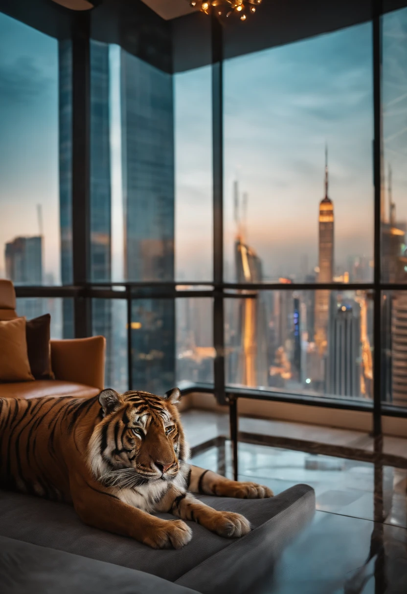 luxury room on skyscraper, small tiger lay down on the floor, glass wall with skyscrapers, luxury furniture