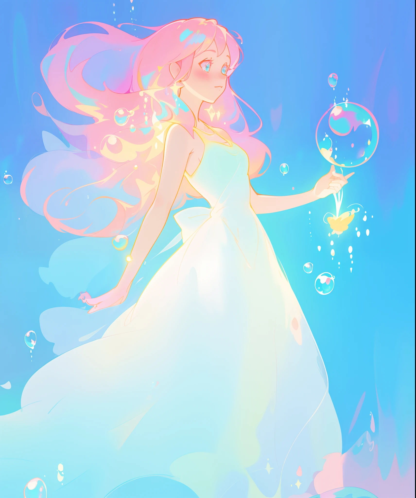 beautiful anime girl in colorful liquid dress, vibrant pastel colors, flowing long pink peach hair, beautiful white layered ballgown, (colorful), magical lights, sparkling lines of light, inspired by Glen Keane, inspired by Lois van Baarle, disney art style, by Lois van Baarle, glowing aura around her, by Glen Keane, jen bartel, glowing lights! digital painting, flowing glowing hair, glowing flowing hair, beautiful digital illustration, fantasia background, whimsical, magical, fantasy, beautiful face, ((masterpiece, best quality)), intricate details, highly detailed, sharp focus, 8k resolution, sparkling detailed eyes, liquid watercolor, (((bubbles)))